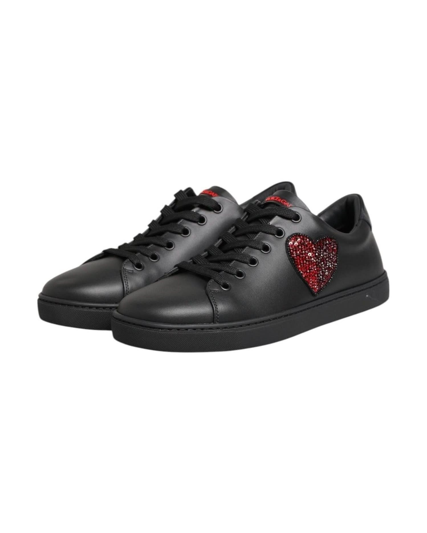 Dolce & Gabbana Black Leather Crystal Heart Low Top Sneakers Shoes Shoes