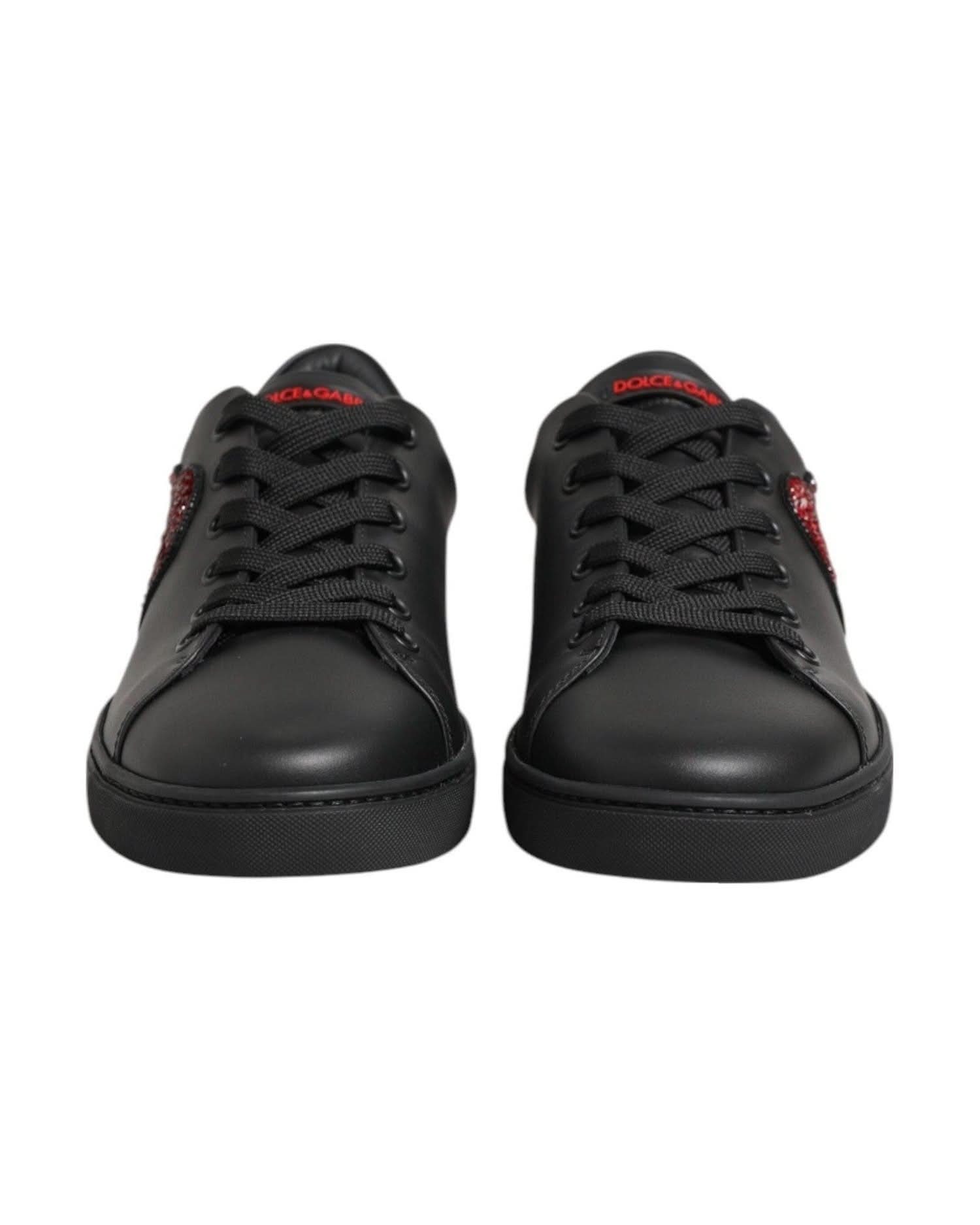 Dolce & Gabbana Black Leather Crystal Heart Low Top Sneakers Shoes Shoes