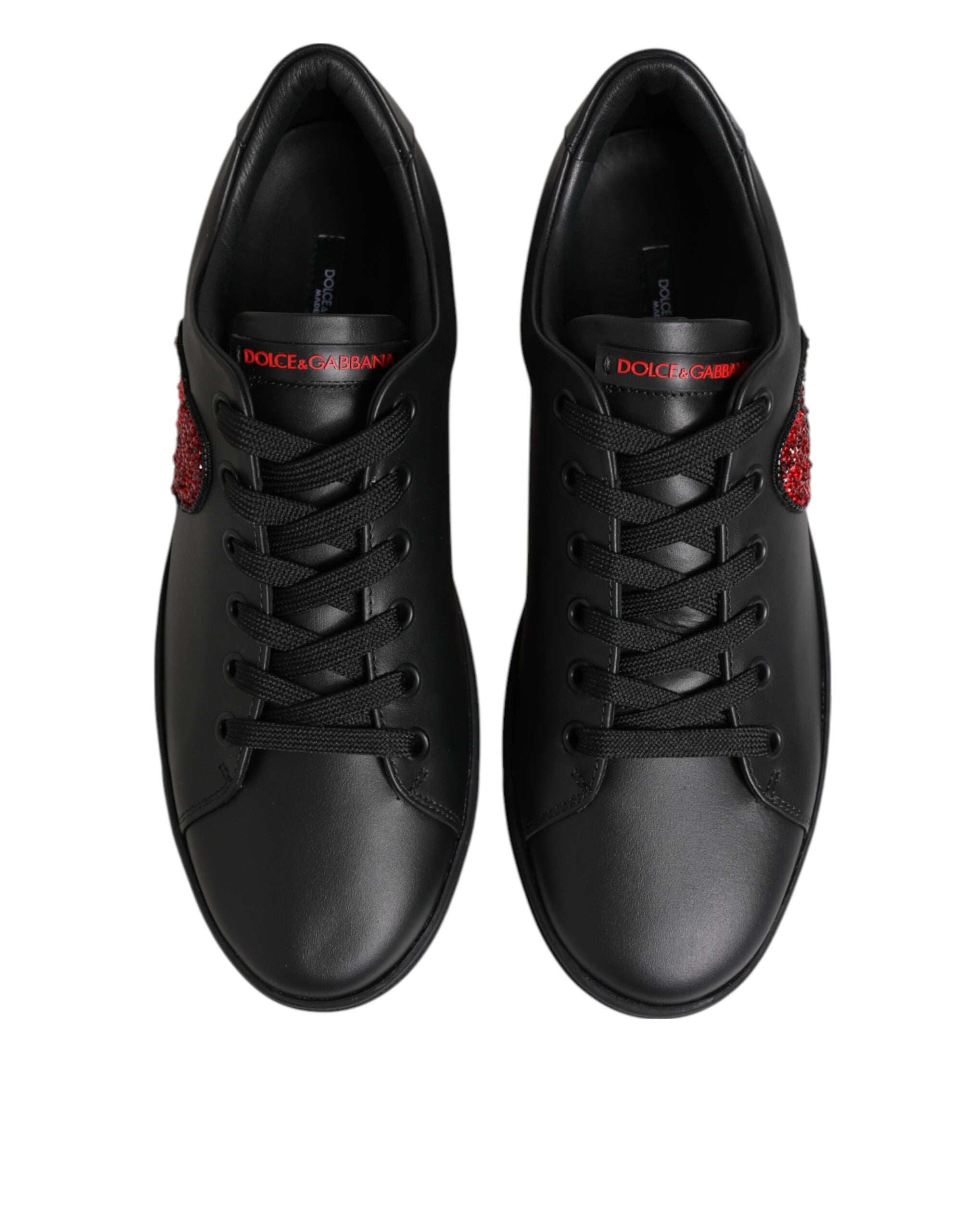 Dolce & Gabbana Black Leather Crystal Heart Low Top Sneakers Shoes Glam Steals