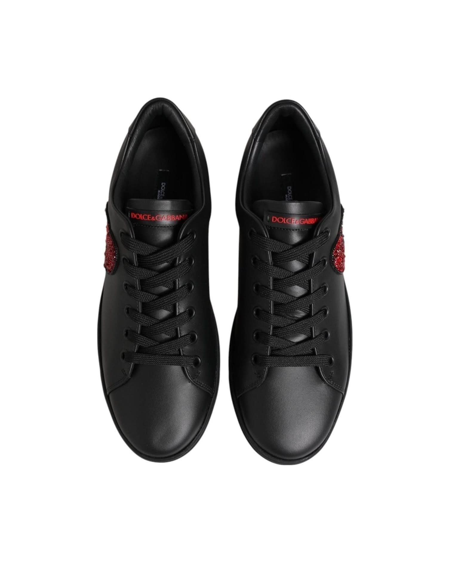 Dolce & Gabbana Black Leather Crystal Heart Low Top Sneakers Shoes Shoes