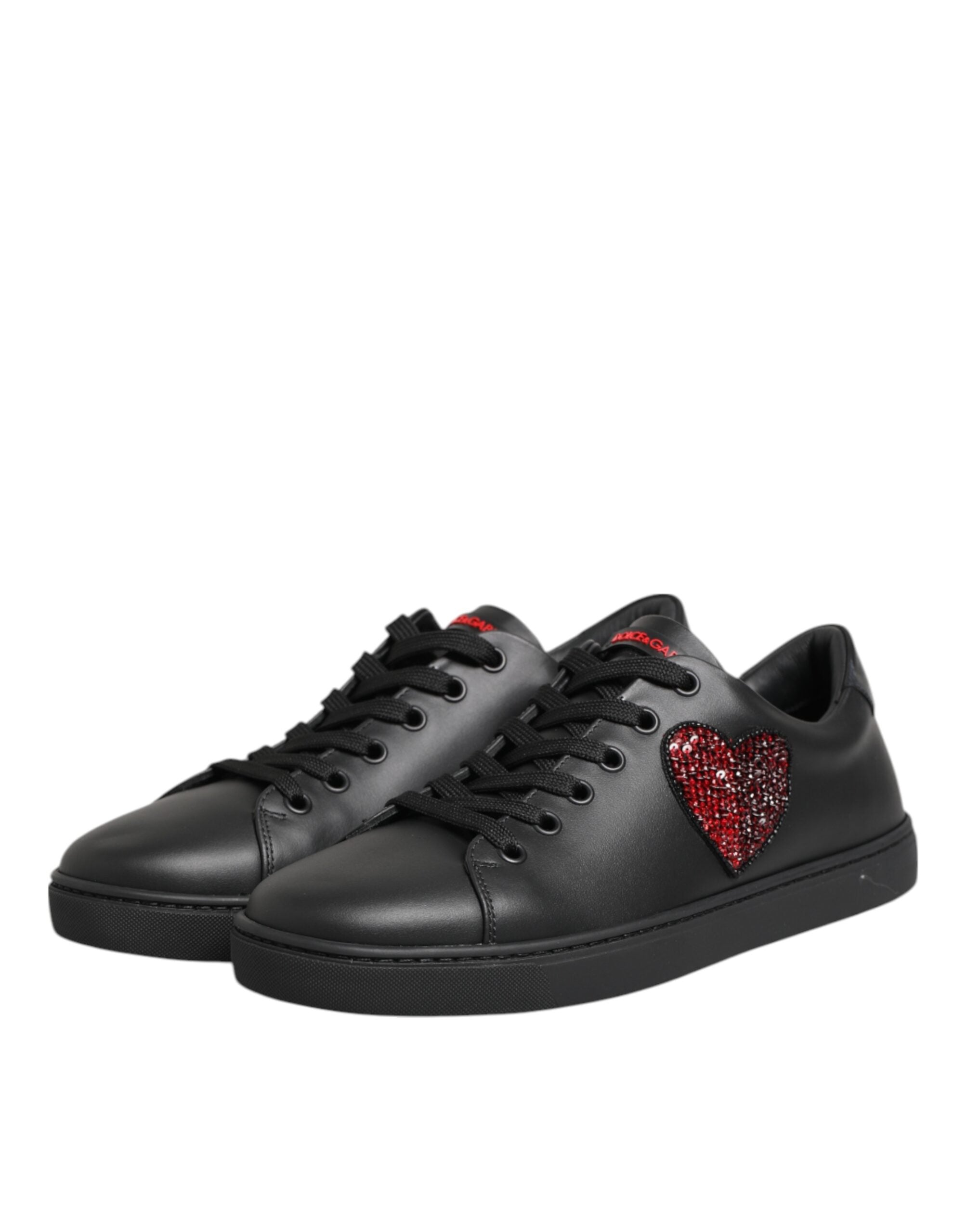 Dolce & Gabbana Black Leather Crystal Heart Low Top Sneakers Shoes Glam Steals