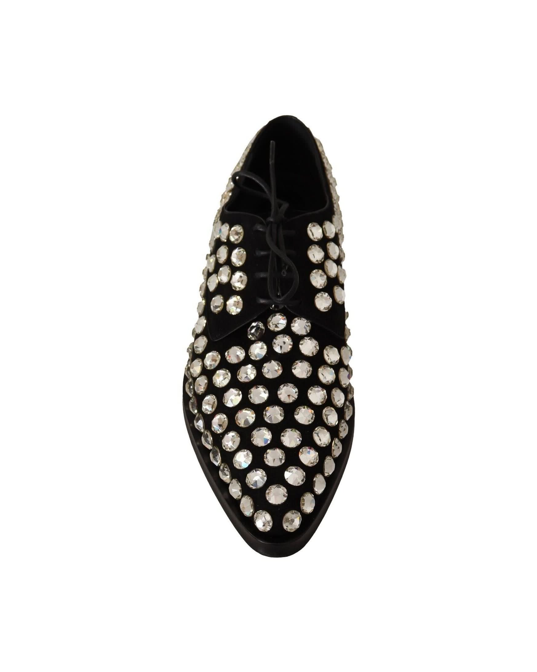 Dolce & Gabbana Black Leather Crystals Lace Up Formal Shoes Flats