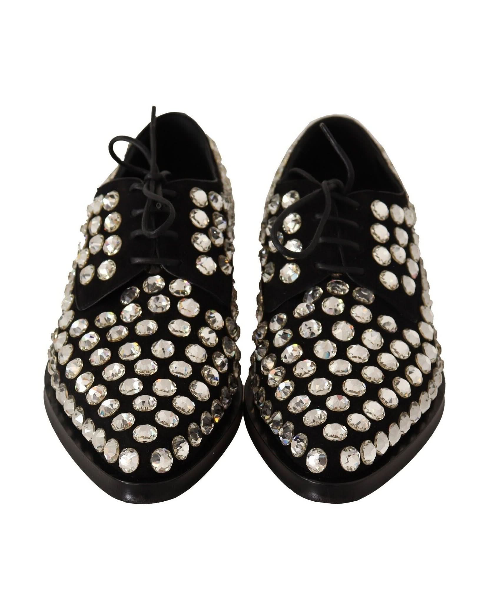Dolce & Gabbana Black Leather Crystals Lace Up Formal Shoes Flats