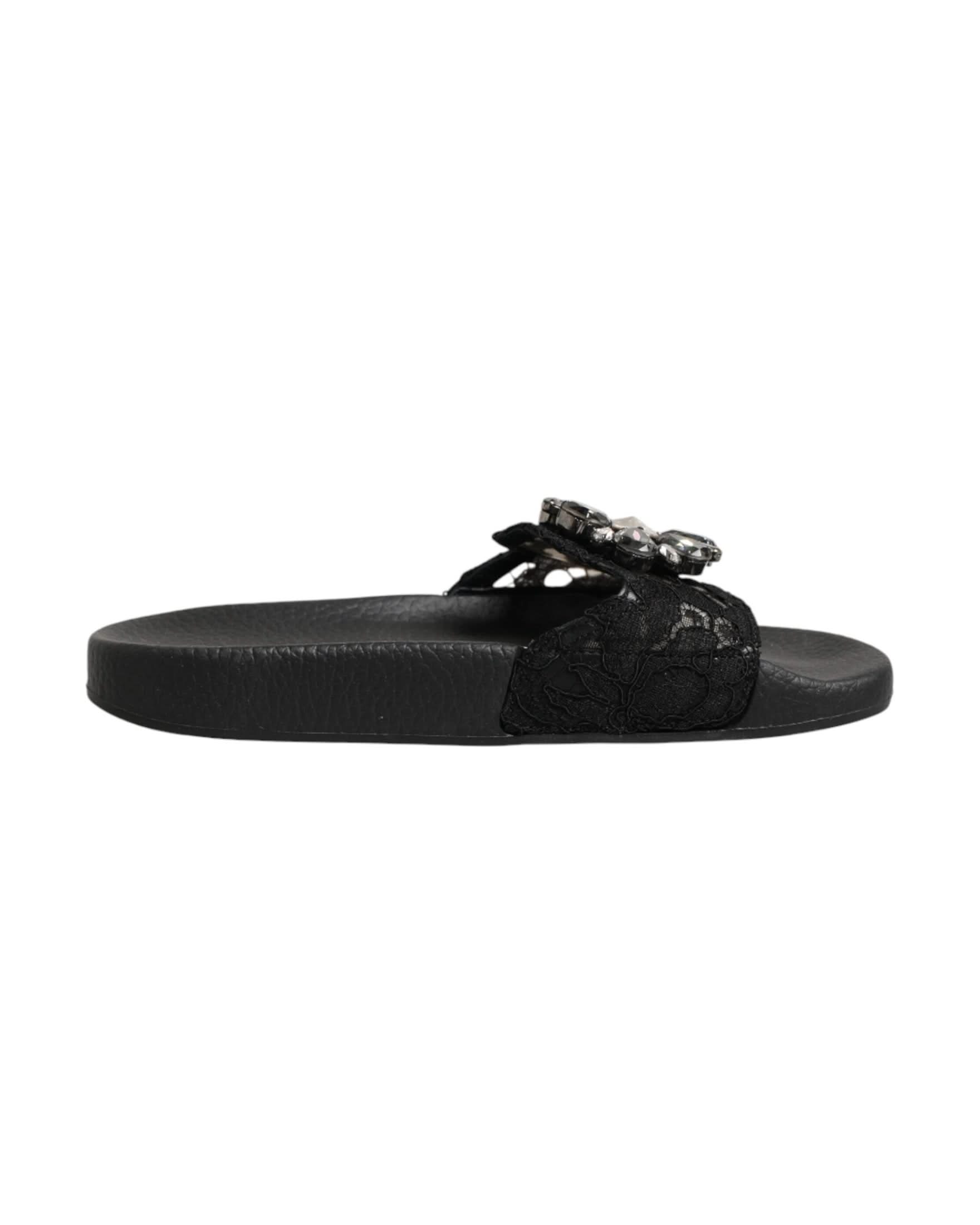 Dolce & Gabbana Black Leather Devotion Matelassé Slides Shoes Sandals