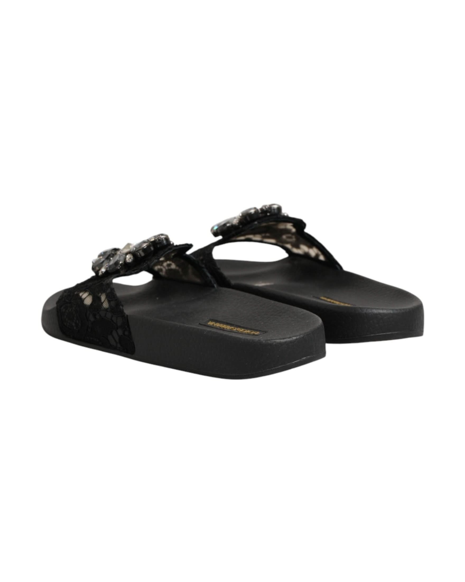 Dolce & Gabbana Black Leather Devotion Matelassé Slides Shoes Sandals