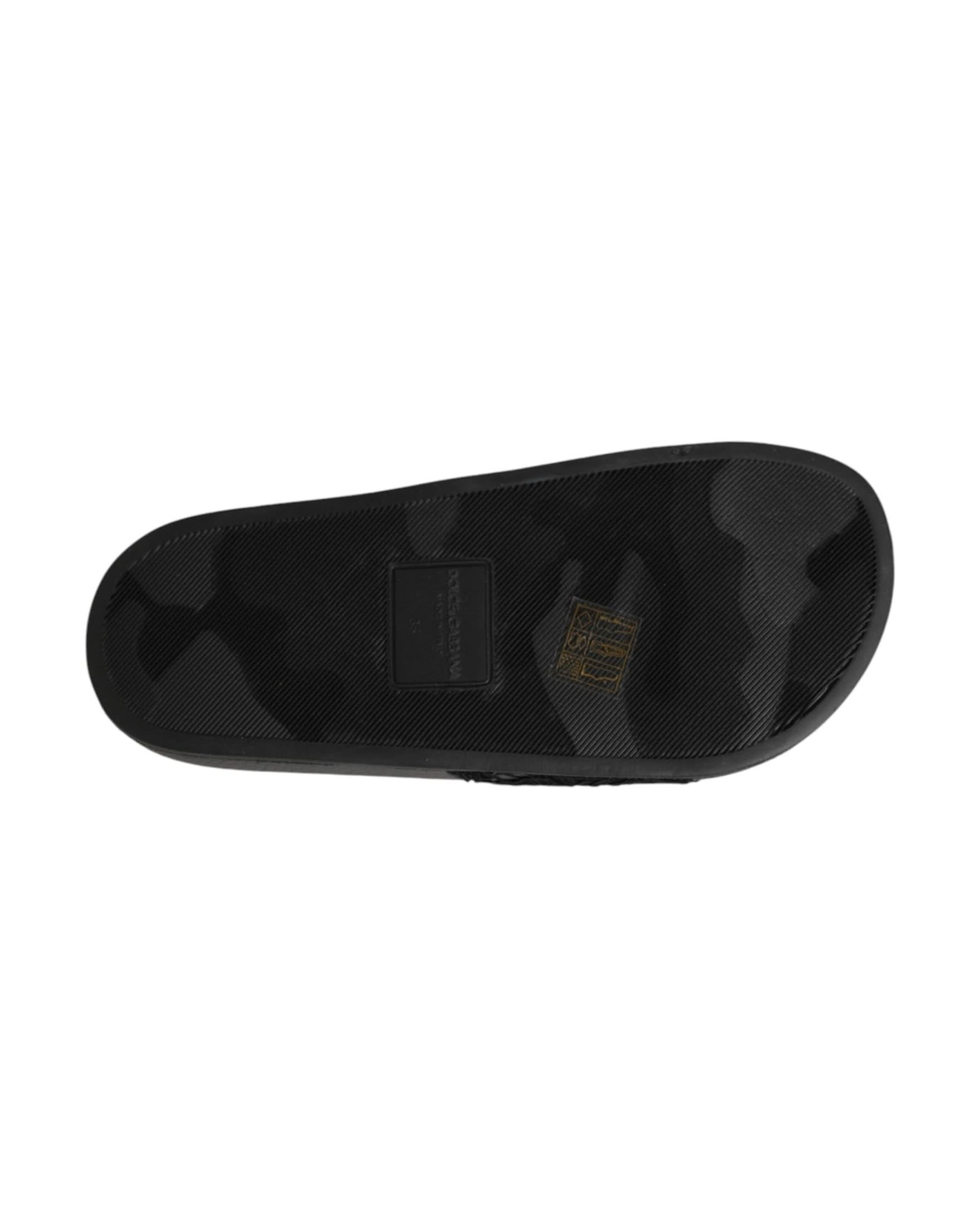 Dolce & Gabbana Black Leather Devotion Matelassé Slides Shoes Sandals