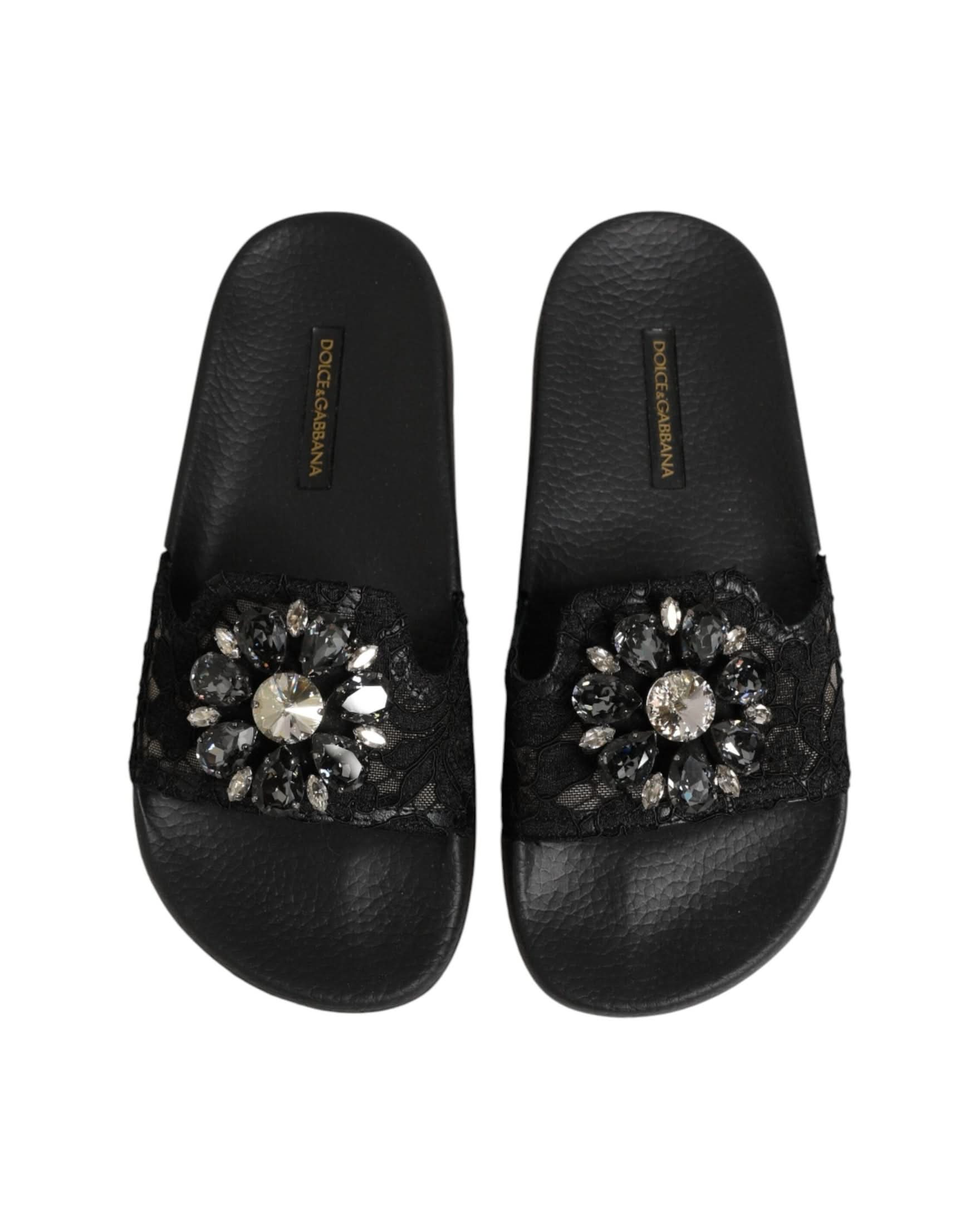 Dolce & Gabbana Black Leather Devotion Matelassé Slides Shoes Sandals