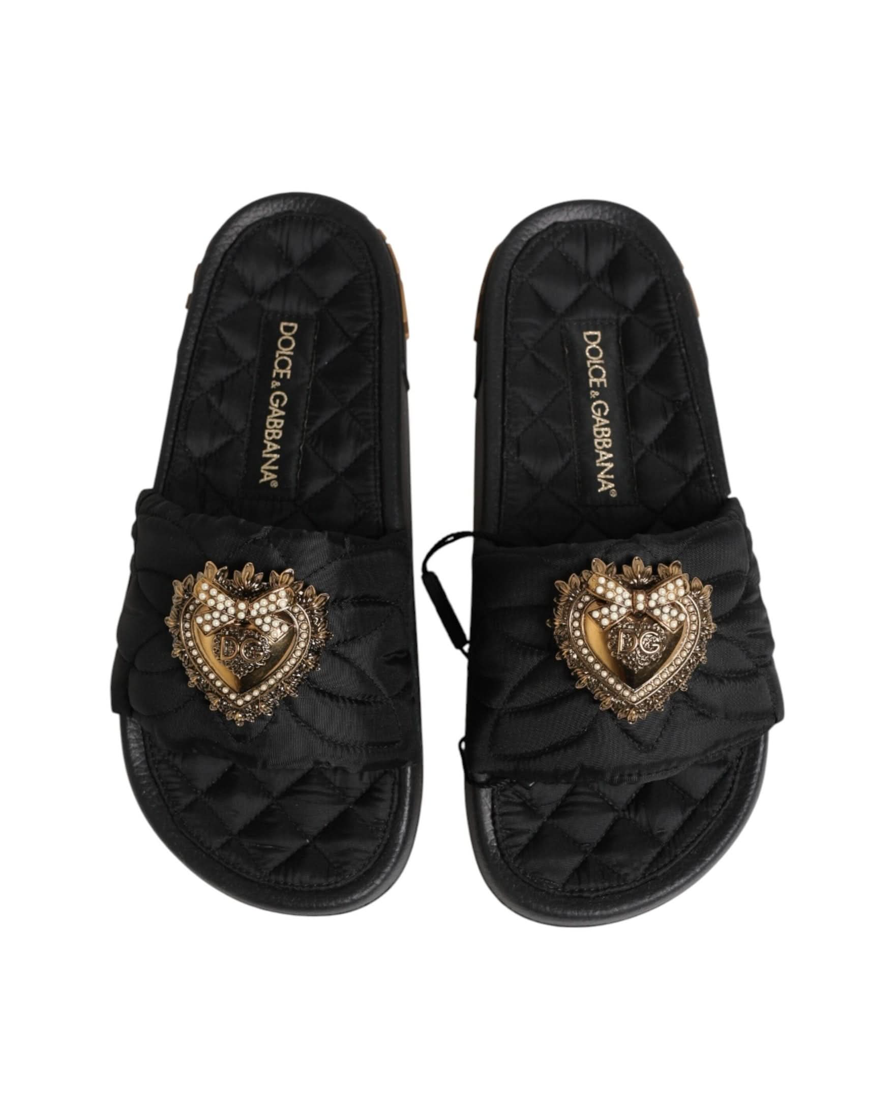 Dolce & Gabbana Black Leather Devotion Matelassé Slides Shoes Sandals