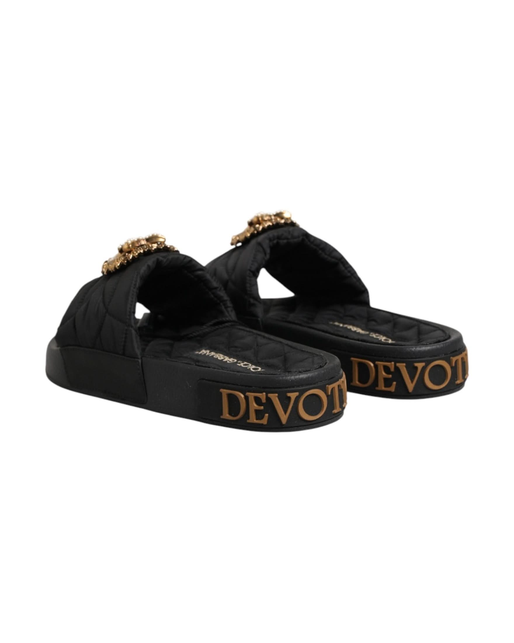 Dolce & Gabbana Black Leather Devotion Matelassé Slides Shoes Sandals
