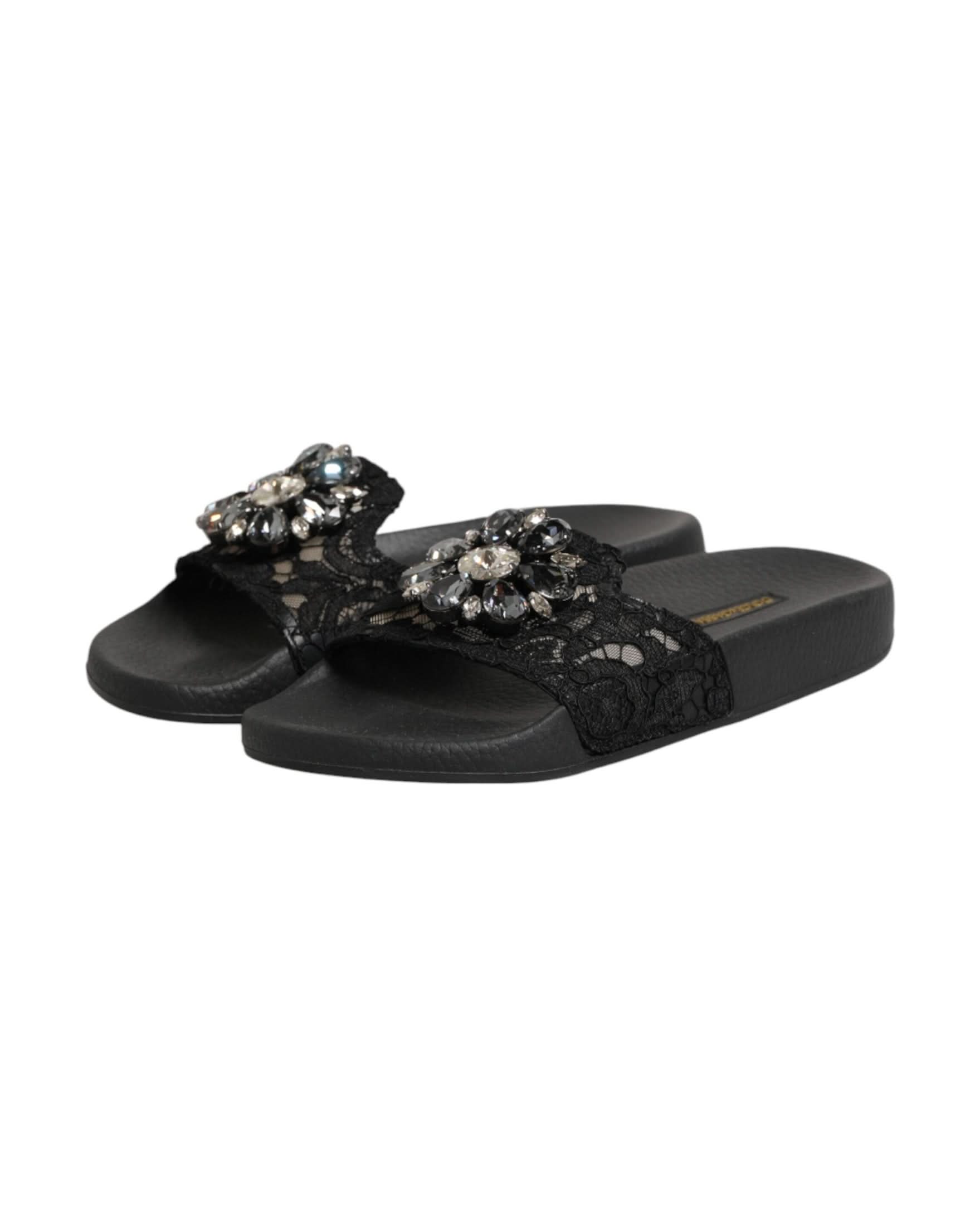 Dolce & Gabbana Black Leather Devotion Matelassé Slides Shoes Sandals