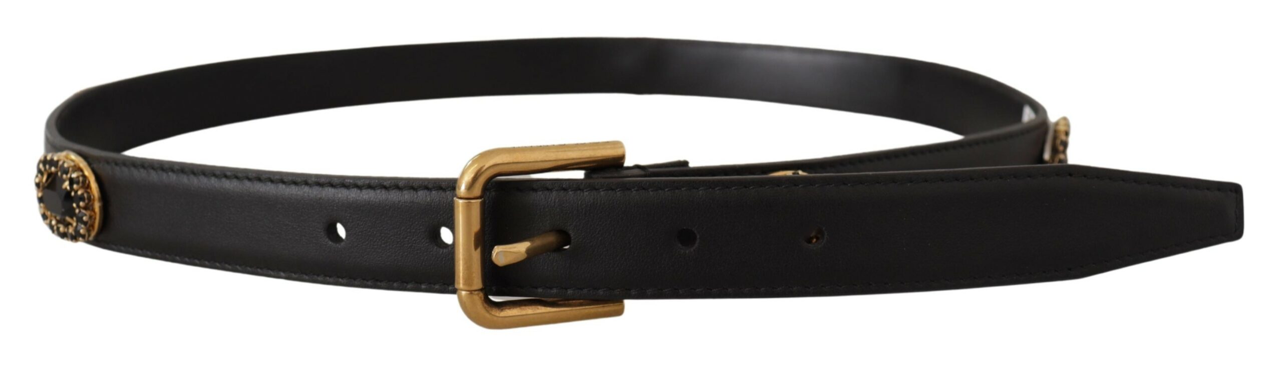 Dolce & Gabbana Black Leather Embellished Crystal Logo Belt Glam Steals
