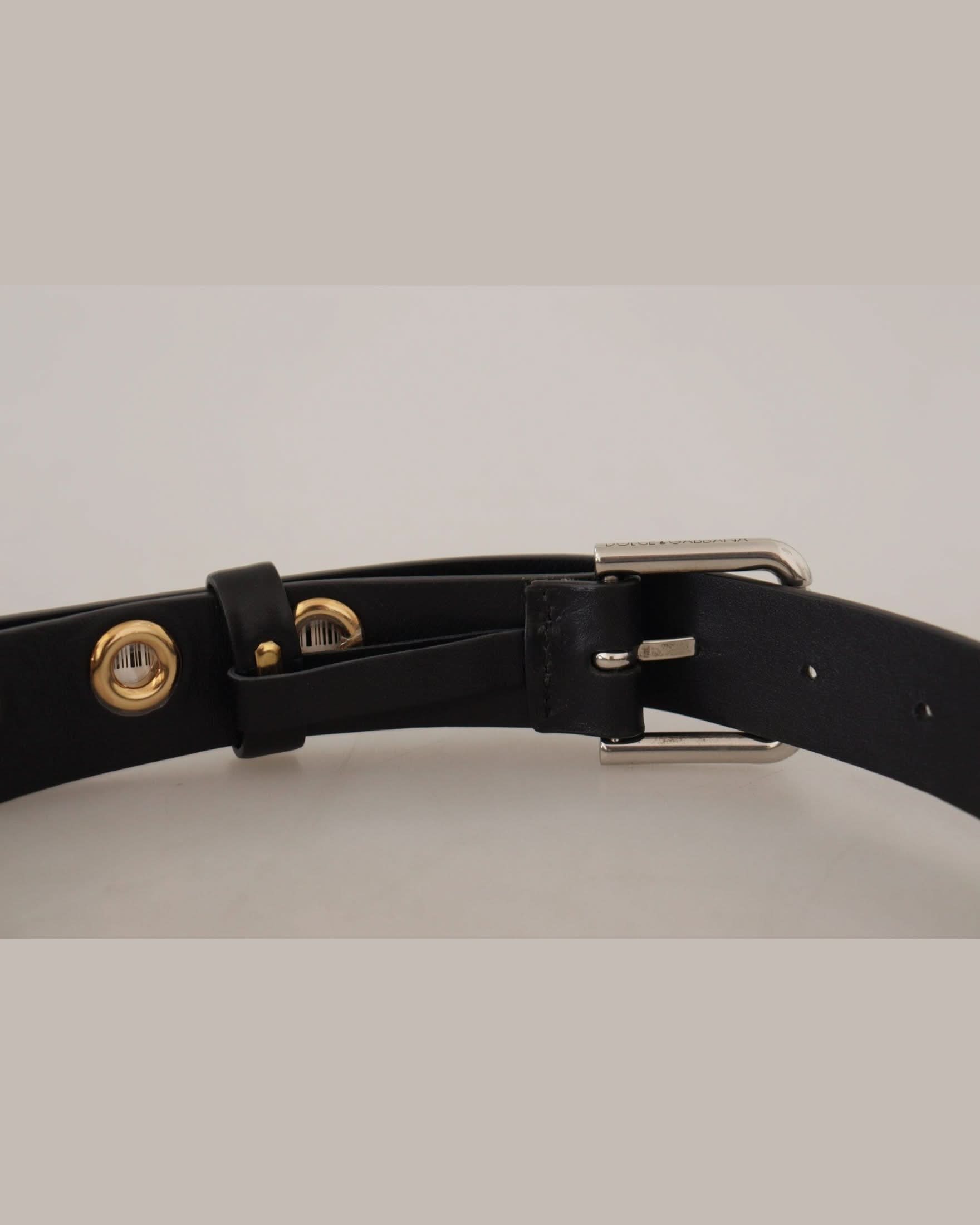 Dolce & Gabbana Black Leather Eyelet Silver Tone Metal Buckle Belt Belts