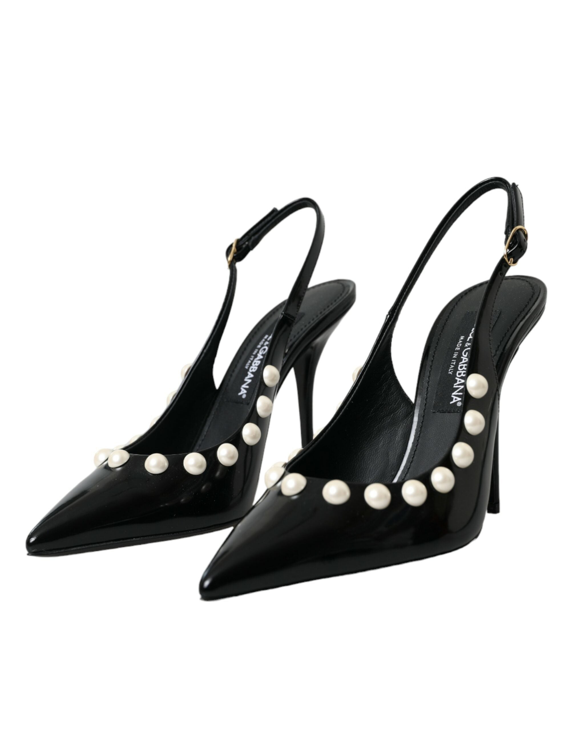Dolce & Gabbana Black Leather Faux Pearl Heel Slingback Shoes Glam Steals