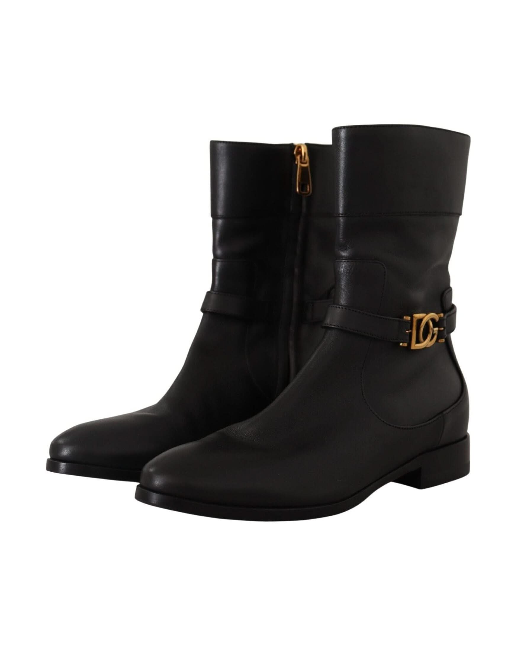 Dolce & Gabbana Black Leather Flats Logo Short Boots Boots
