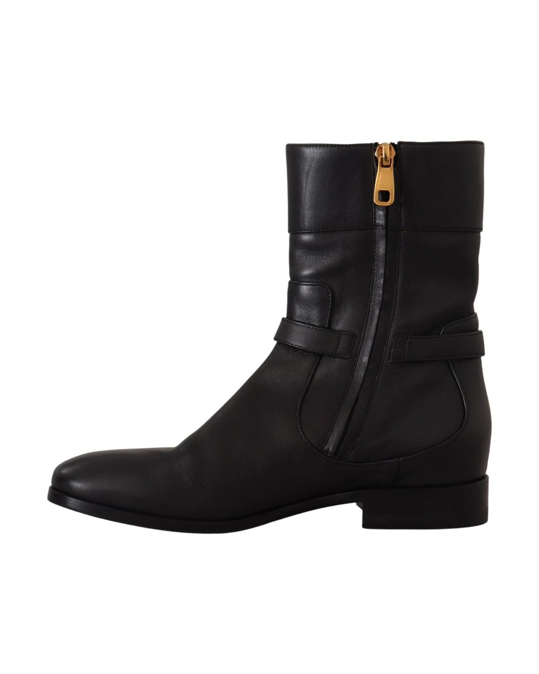 Dolce & Gabbana Black Leather Flats Logo Short Boots Boots