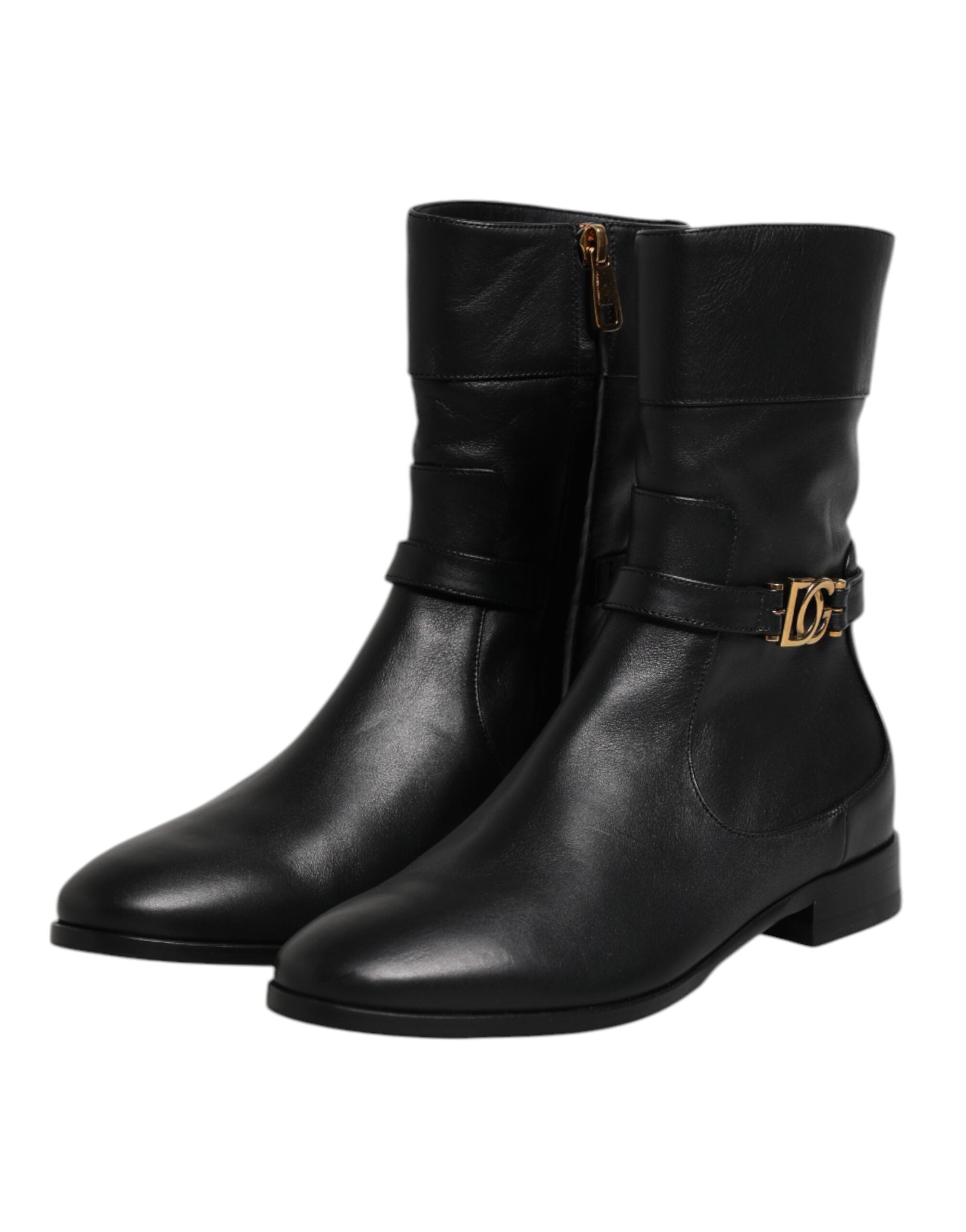 Dolce & Gabbana Black Leather Flats Logo Short Boots Shoes Glam Steals