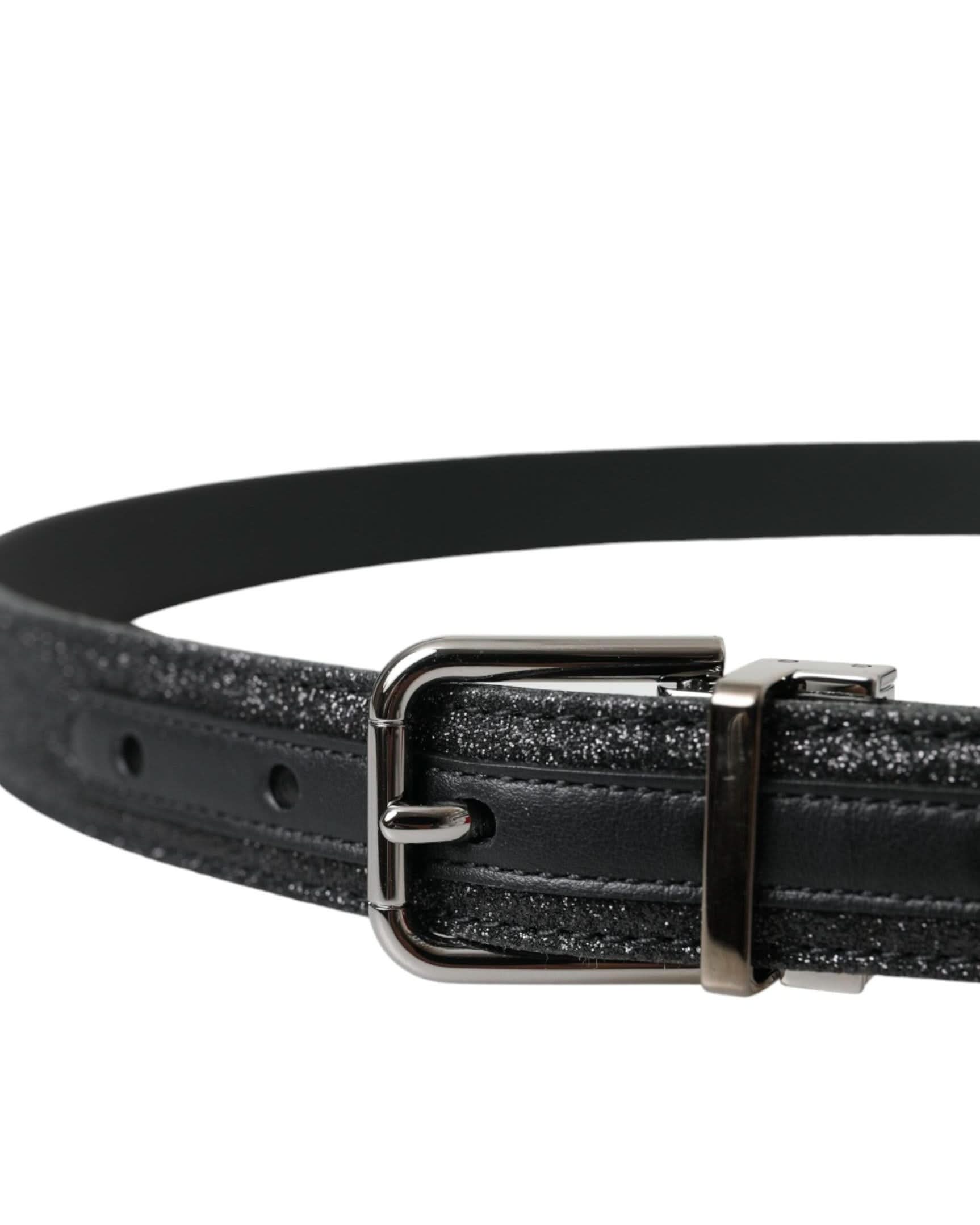 Dolce & Gabbana Black Leather Glittered Silver Buckle Belt Belts