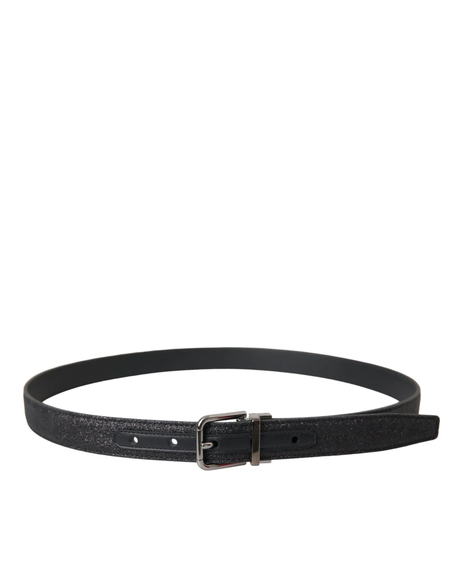 Dolce & Gabbana Black Leather Glittered Silver Buckle Belt Belts