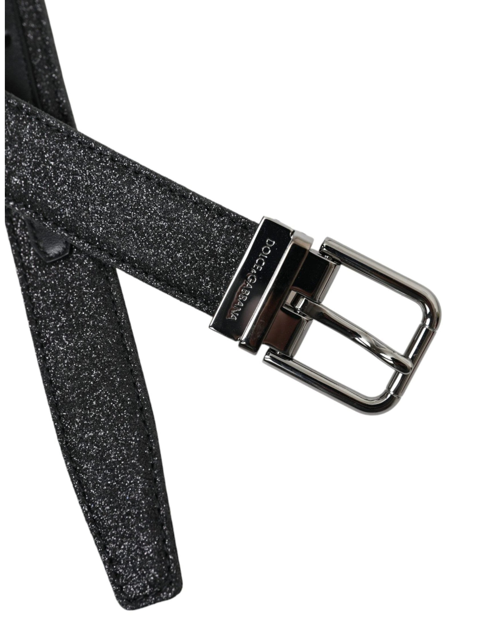 Dolce & Gabbana Black Leather Glittered Silver Buckle Belt Belts