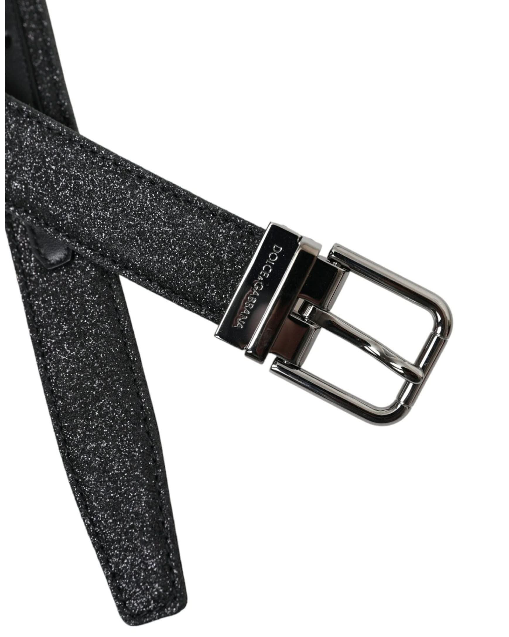 Dolce & Gabbana Black Leather Glittered Silver Buckle Belt Belts