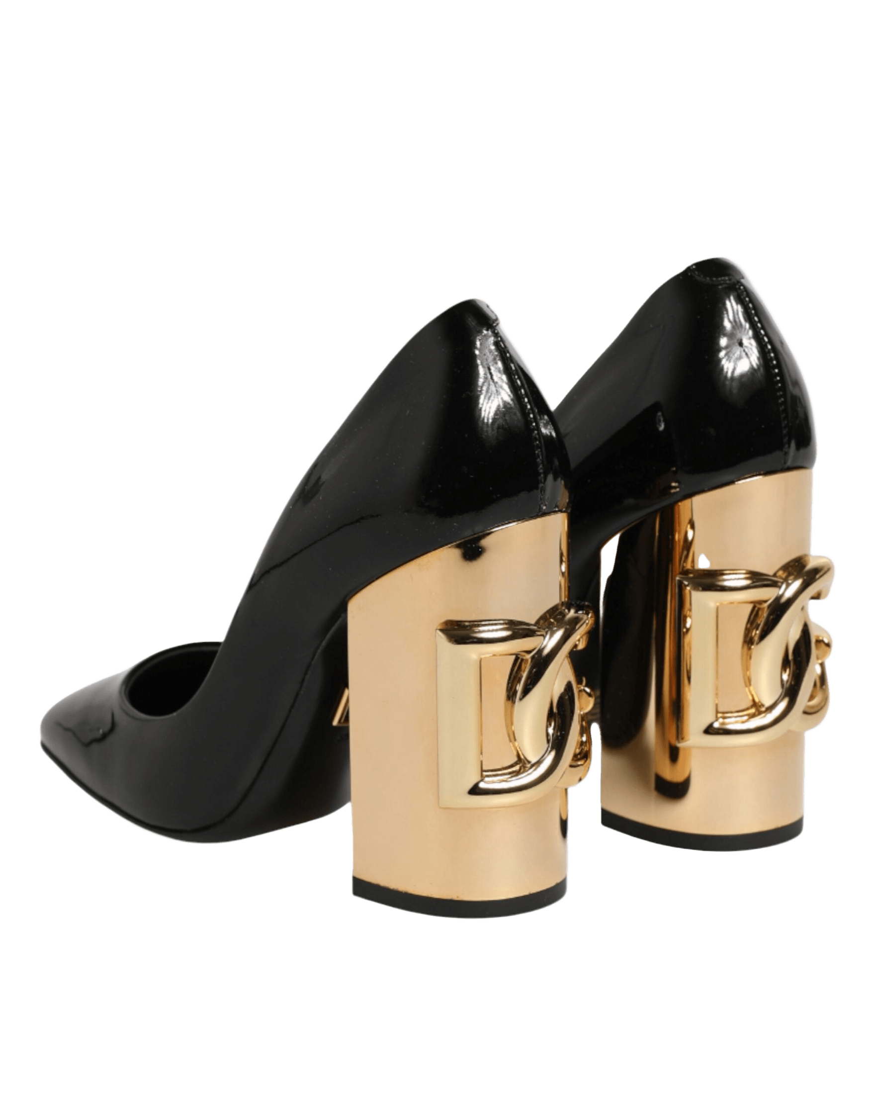 Dolce & Gabbana Black Leather Gold Patent Logo Heels Pumps Shoes Glam Steals