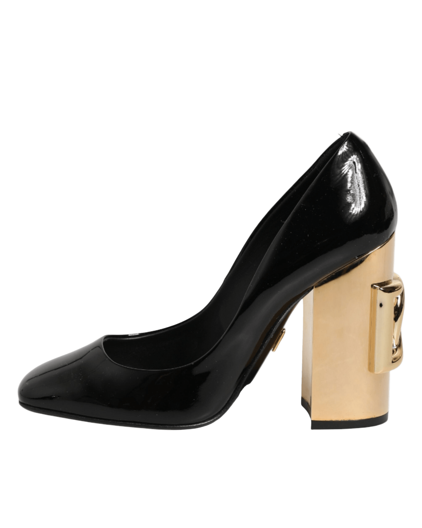 Dolce & Gabbana Black Leather Gold Patent Logo Heels Pumps Shoes Glam Steals