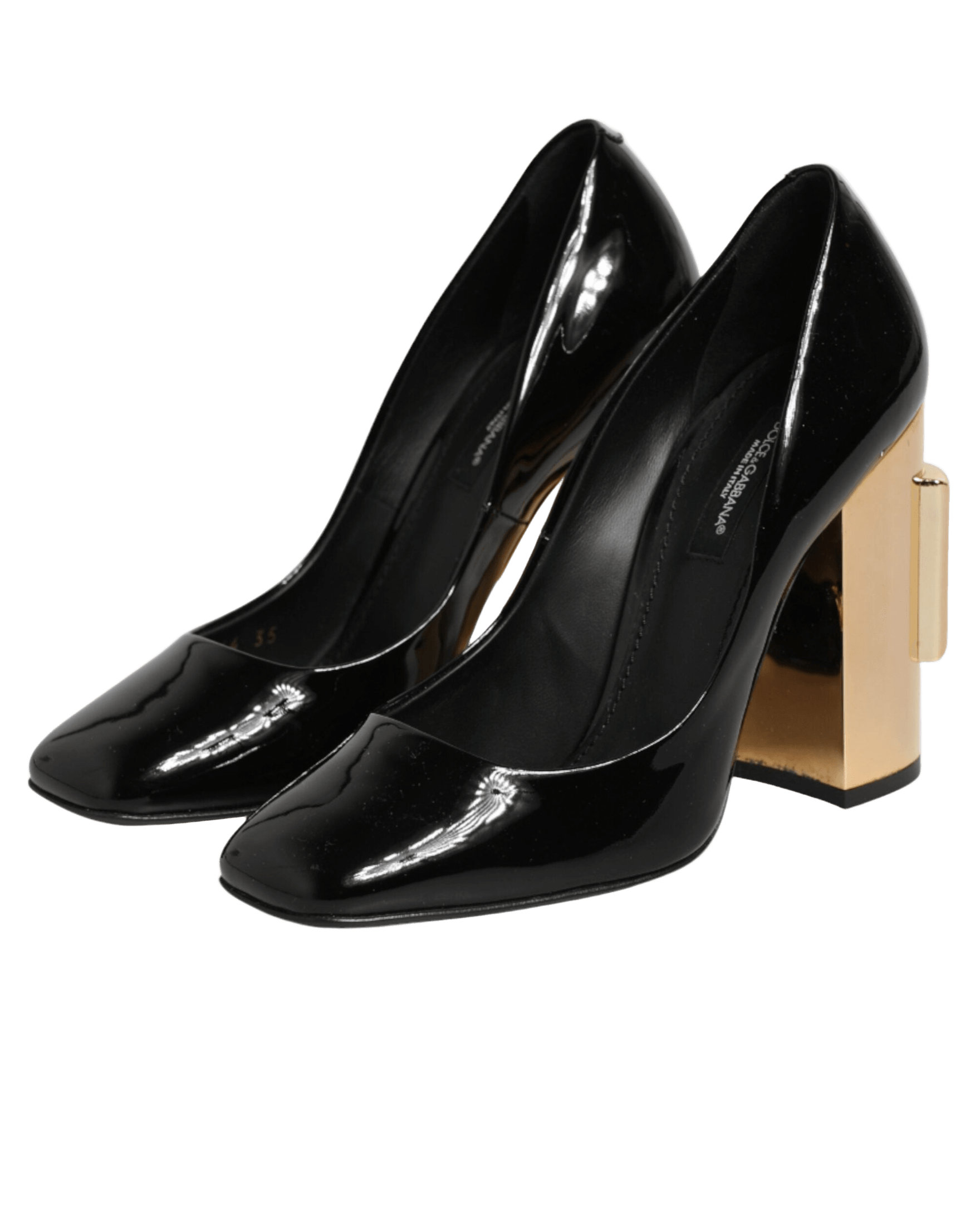 Dolce & Gabbana Black Leather Gold Patent Logo Heels Pumps Shoes Glam Steals