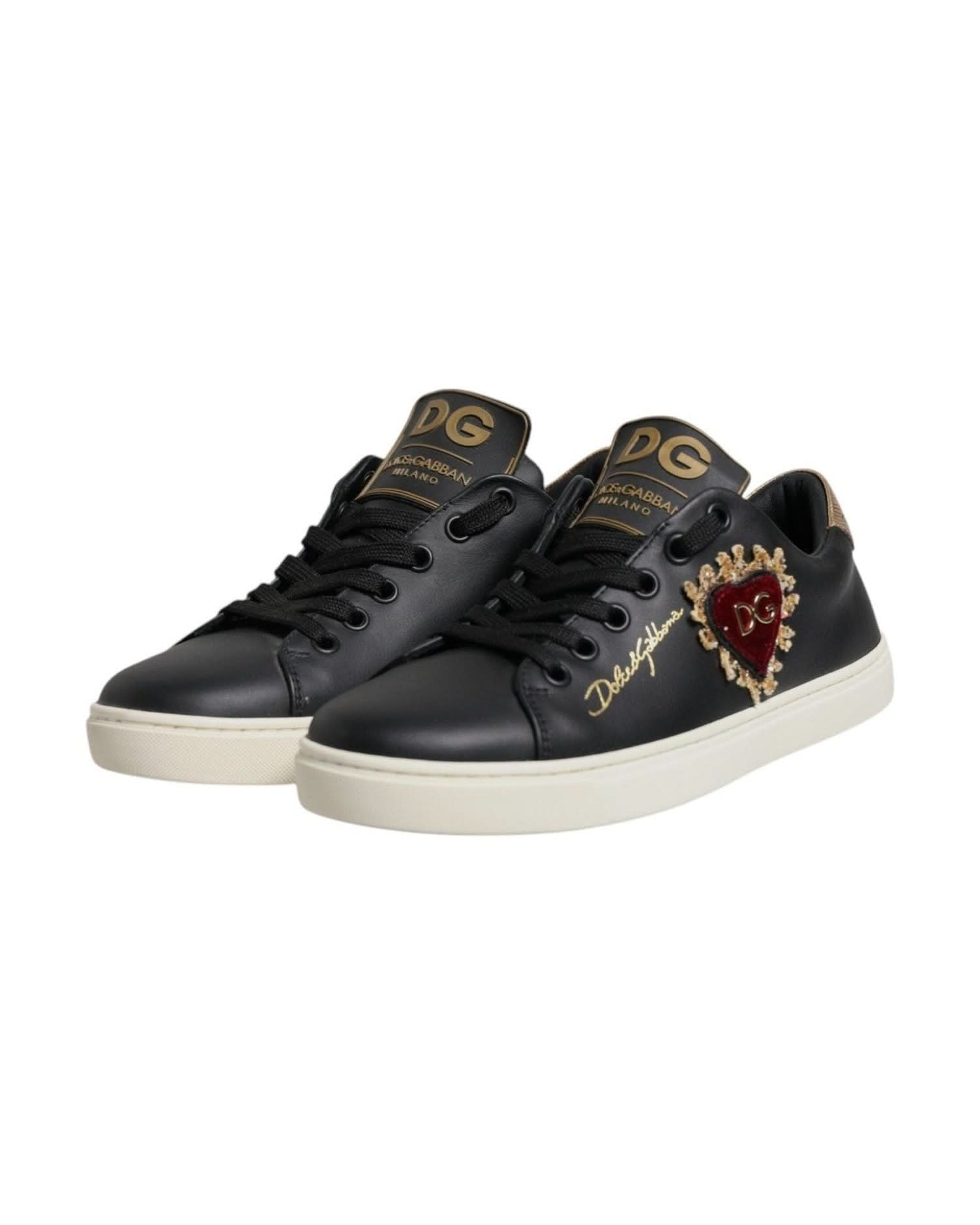 Dolce & Gabbana Black Leather Heart Sneakers Shoes Sneakers