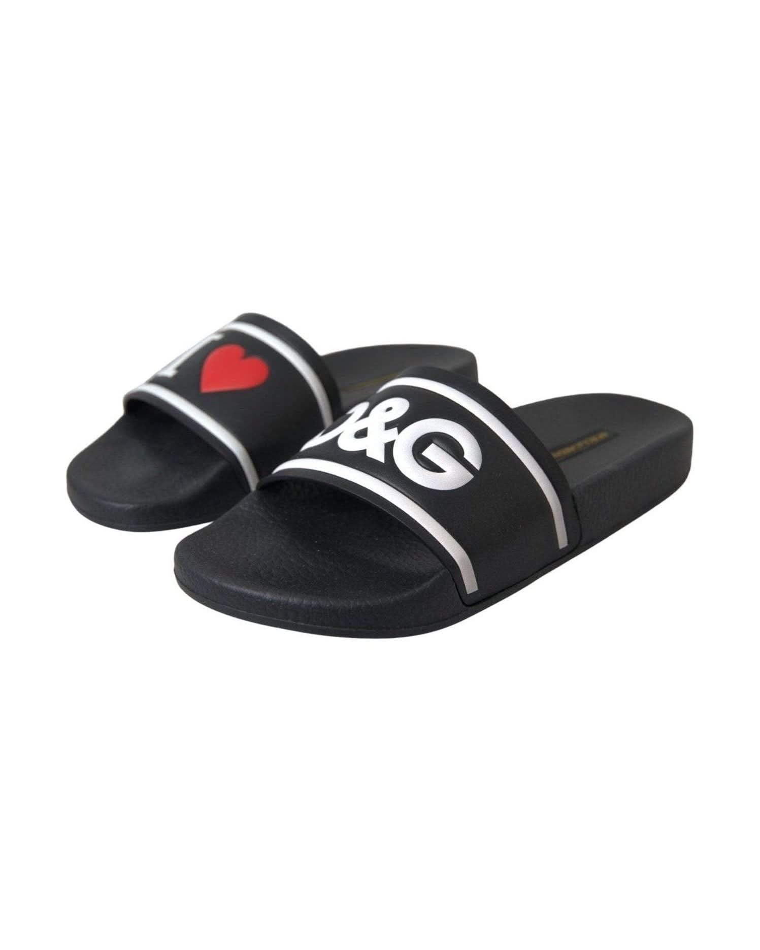 Dolce & Gabbana Black Leather I Love Dg Sandals Slides Shoes Flats