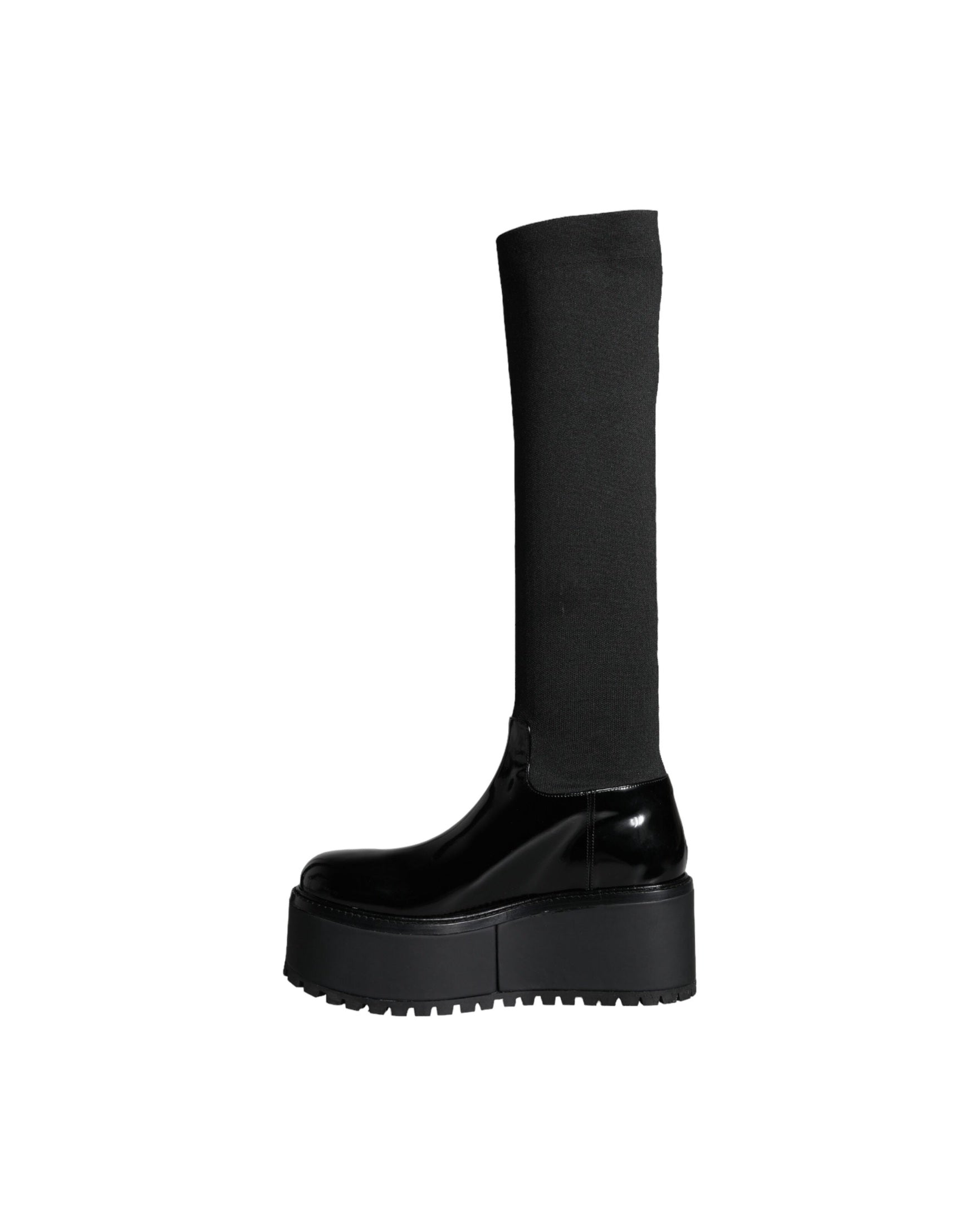 Dolce & Gabbana Black Leather Jersey Knee High Boots Shoes Glam Steals