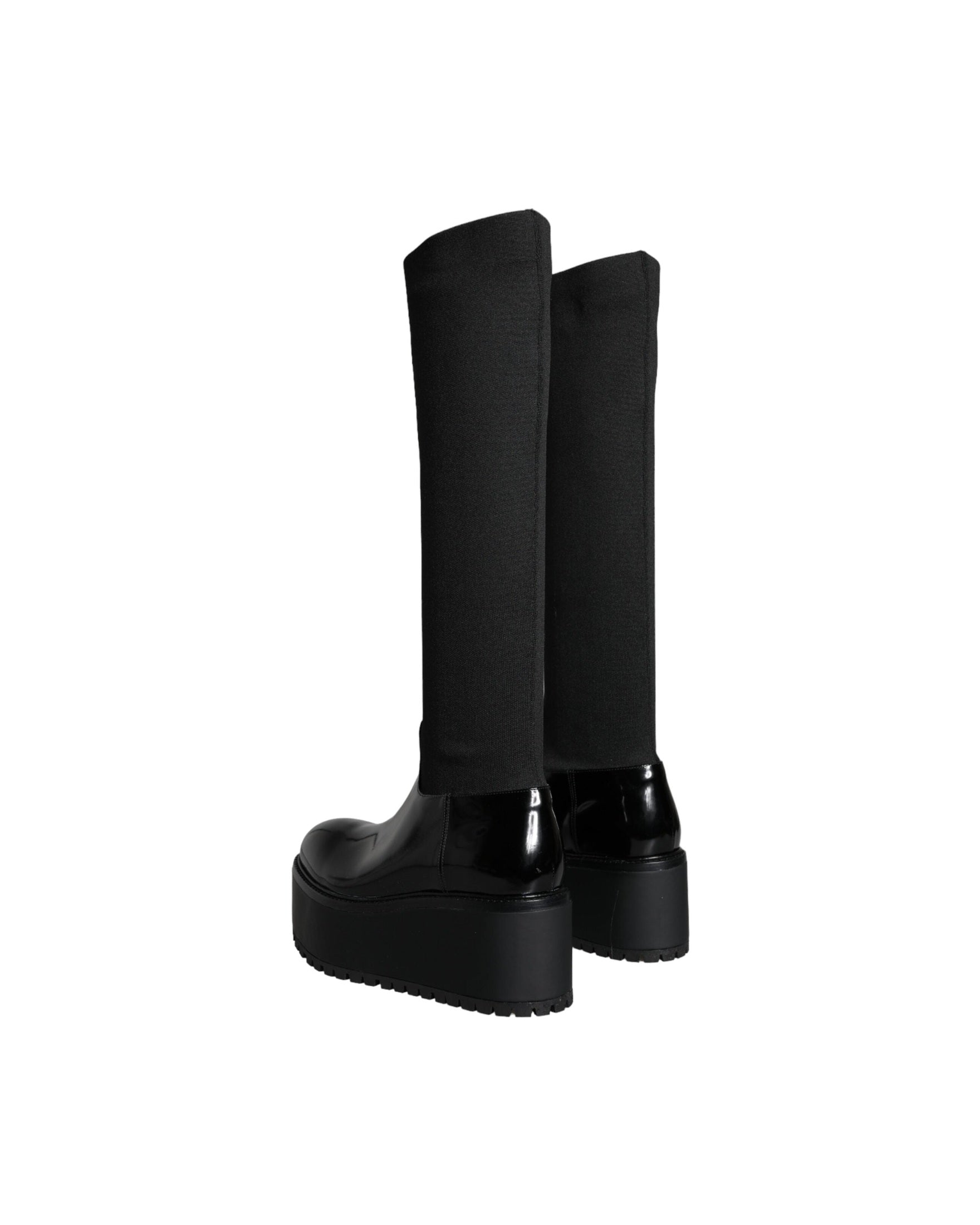 Dolce & Gabbana Black Leather Jersey Knee High Boots Shoes Glam Steals