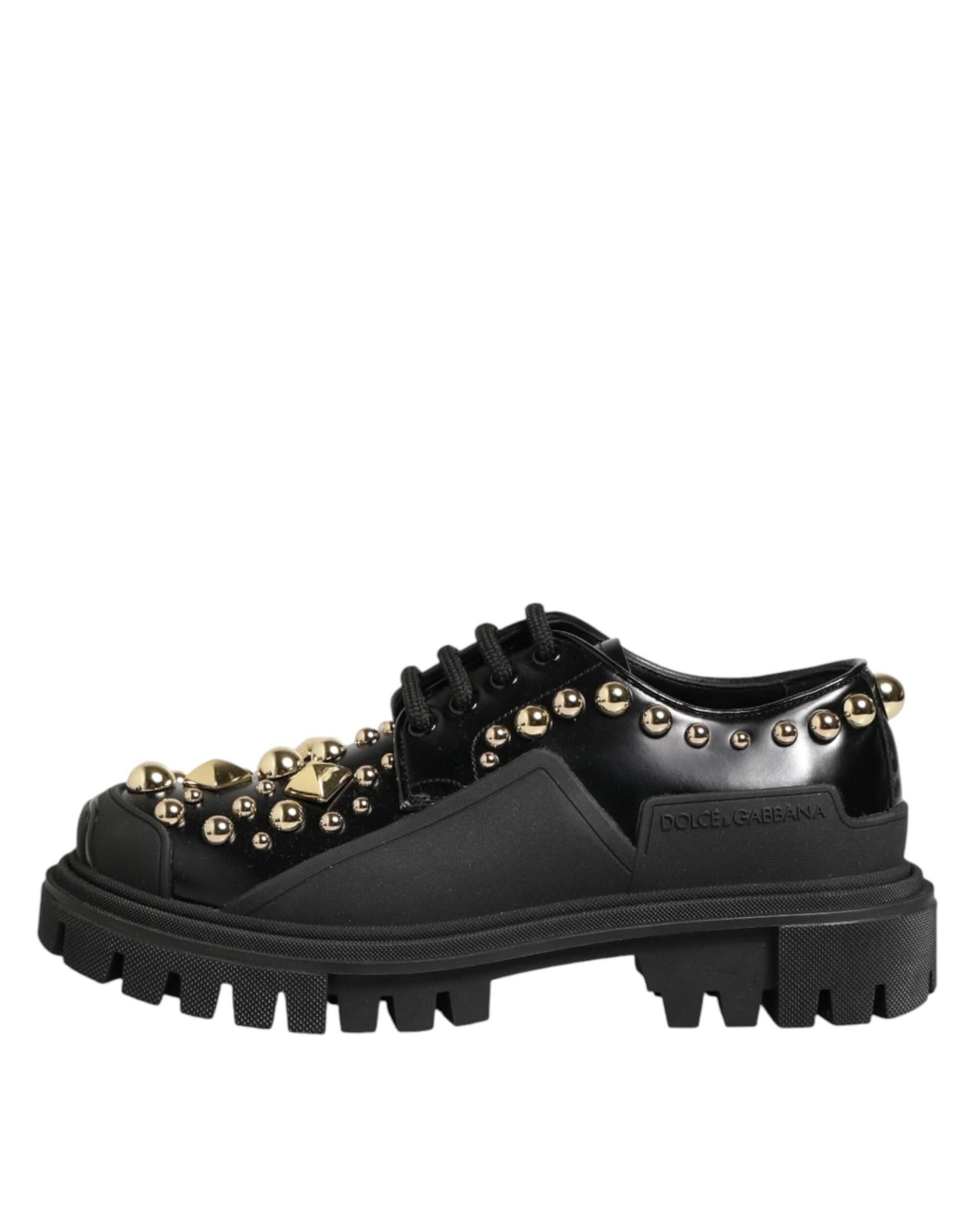 Dolce & Gabbana Black Leather Jeweled Crystals Derby Shoes Shoes