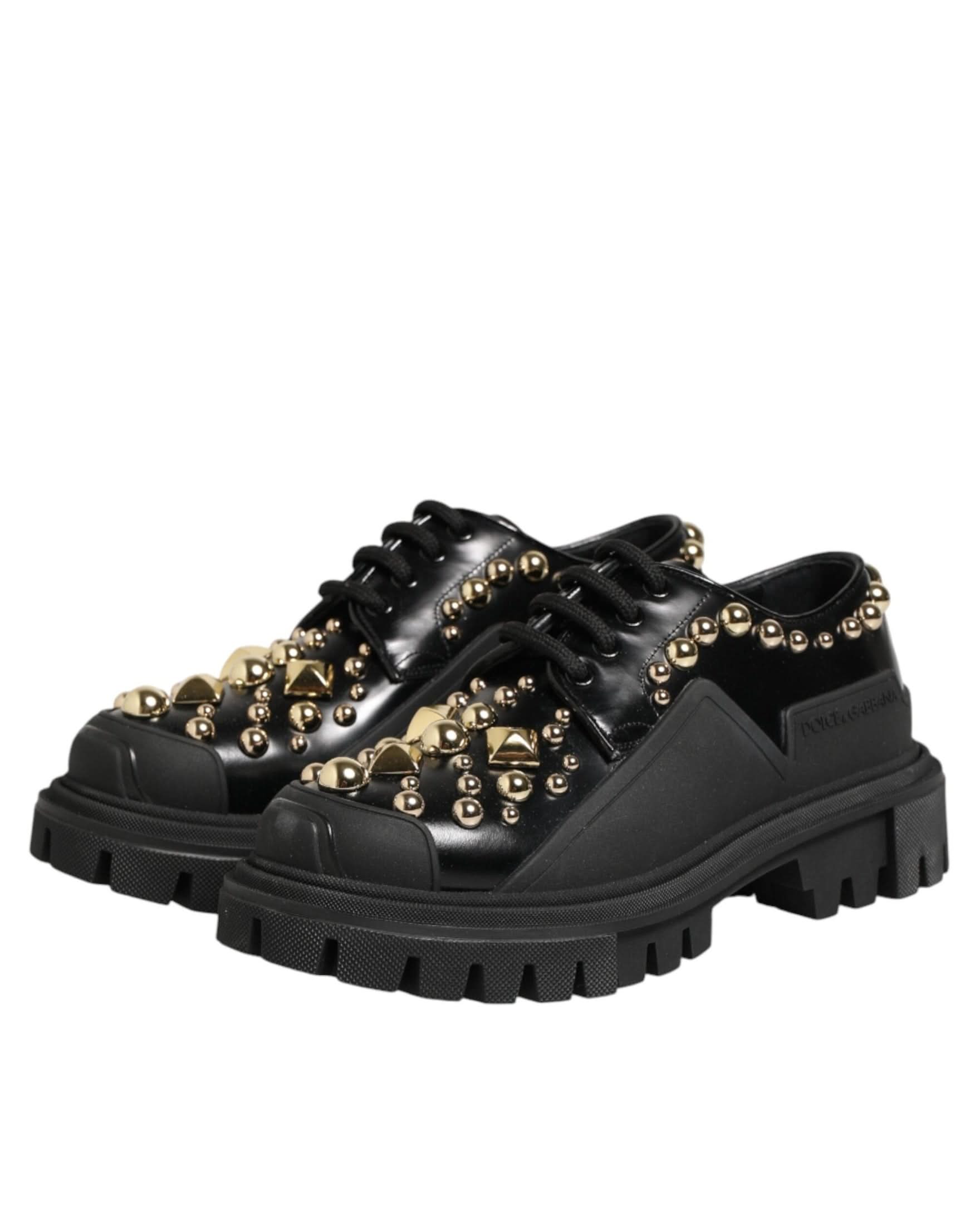 Dolce & Gabbana Black Leather Jeweled Crystals Derby Shoes Shoes