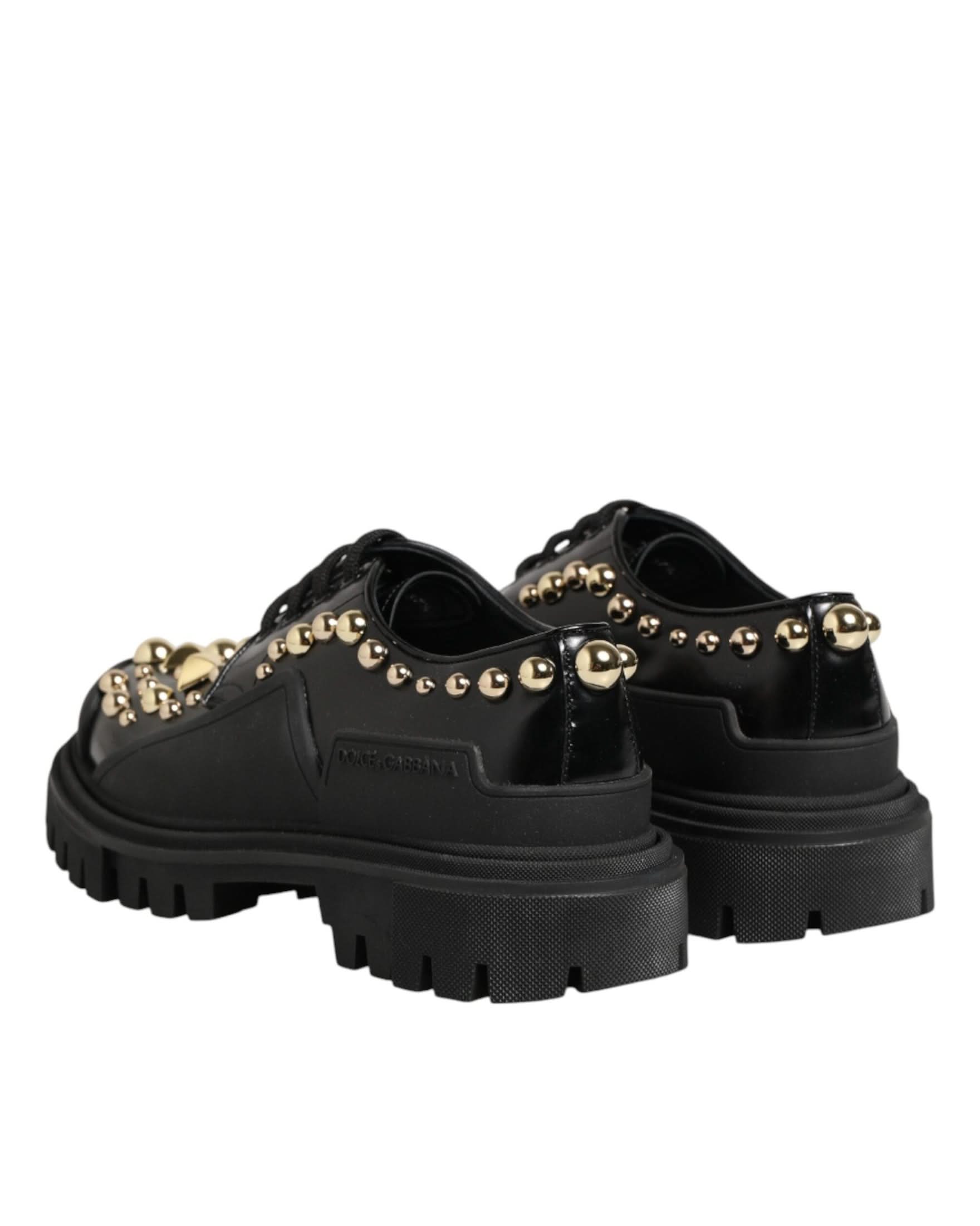 Dolce & Gabbana Black Leather Jeweled Crystals Derby Shoes Shoes
