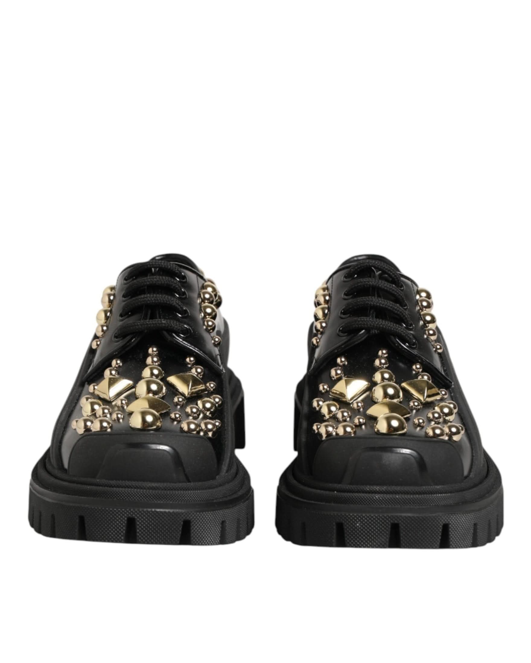 Dolce & Gabbana Black Leather Jeweled Crystals Derby Shoes Shoes