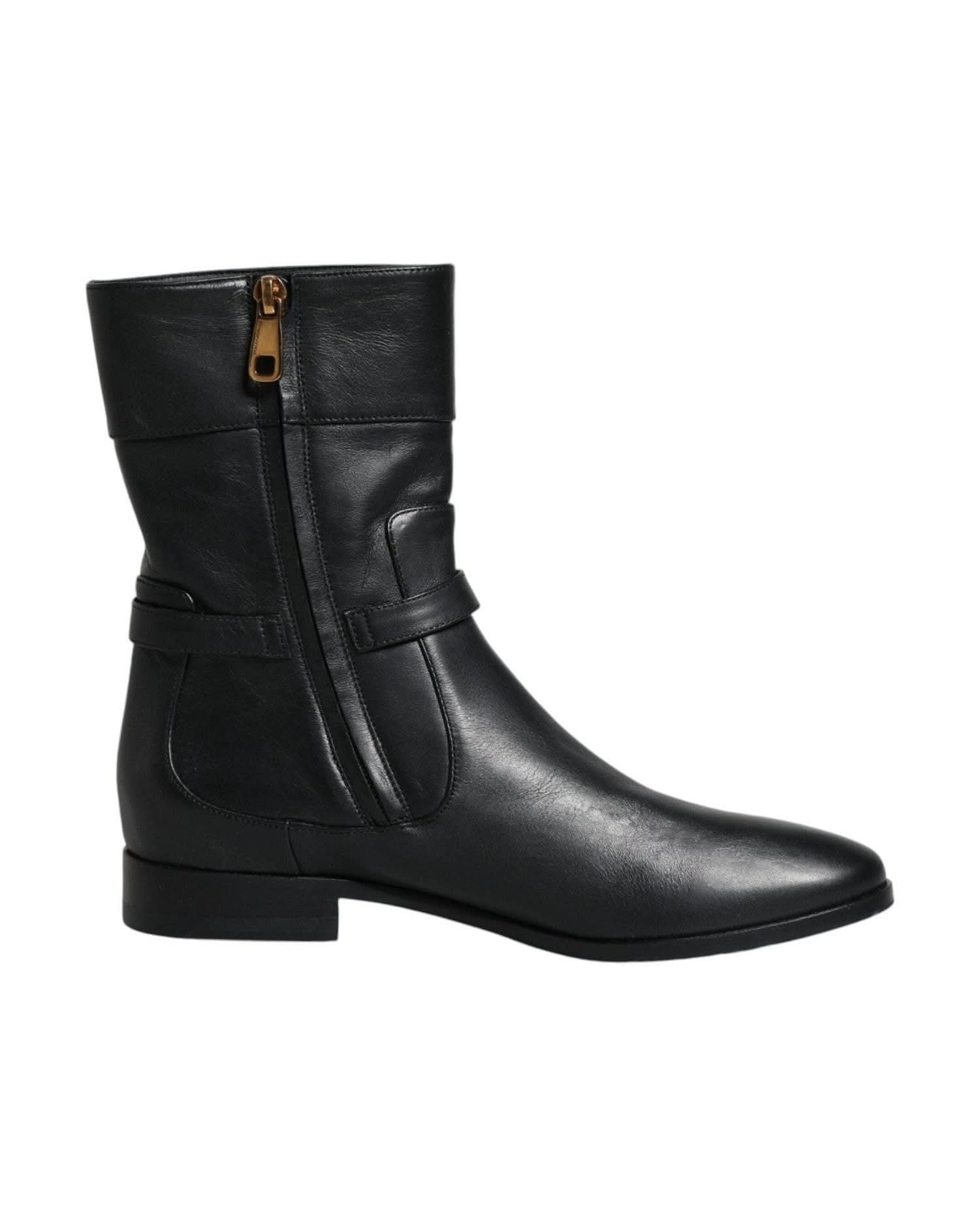 Dolce & Gabbana Black Leather Logo Mid Calf Boots Shoes Boots