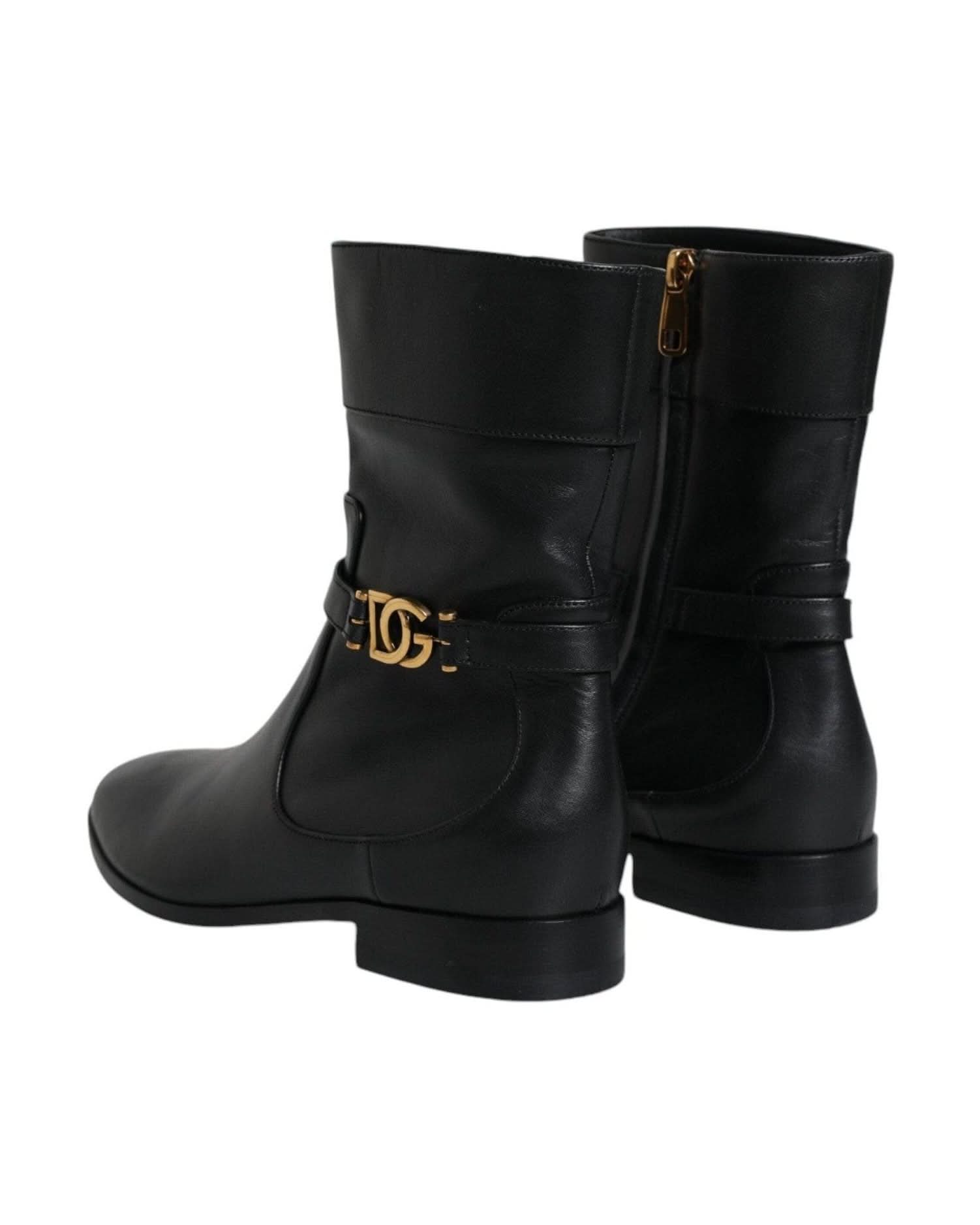 Dolce & Gabbana Black Leather Logo Mid Calf Boots Shoes Boots