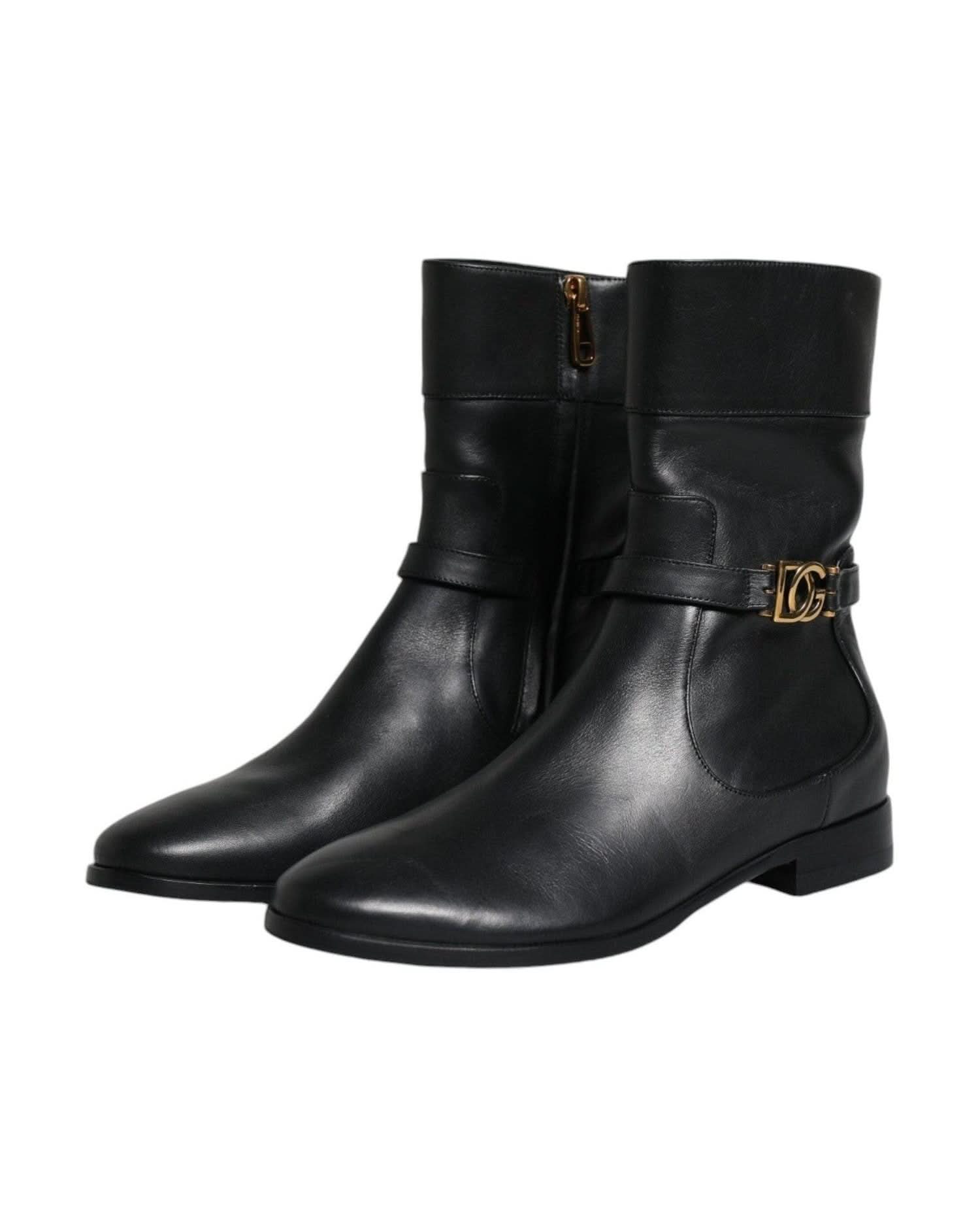 Dolce & Gabbana Black Leather Logo Mid Calf Boots Shoes Boots