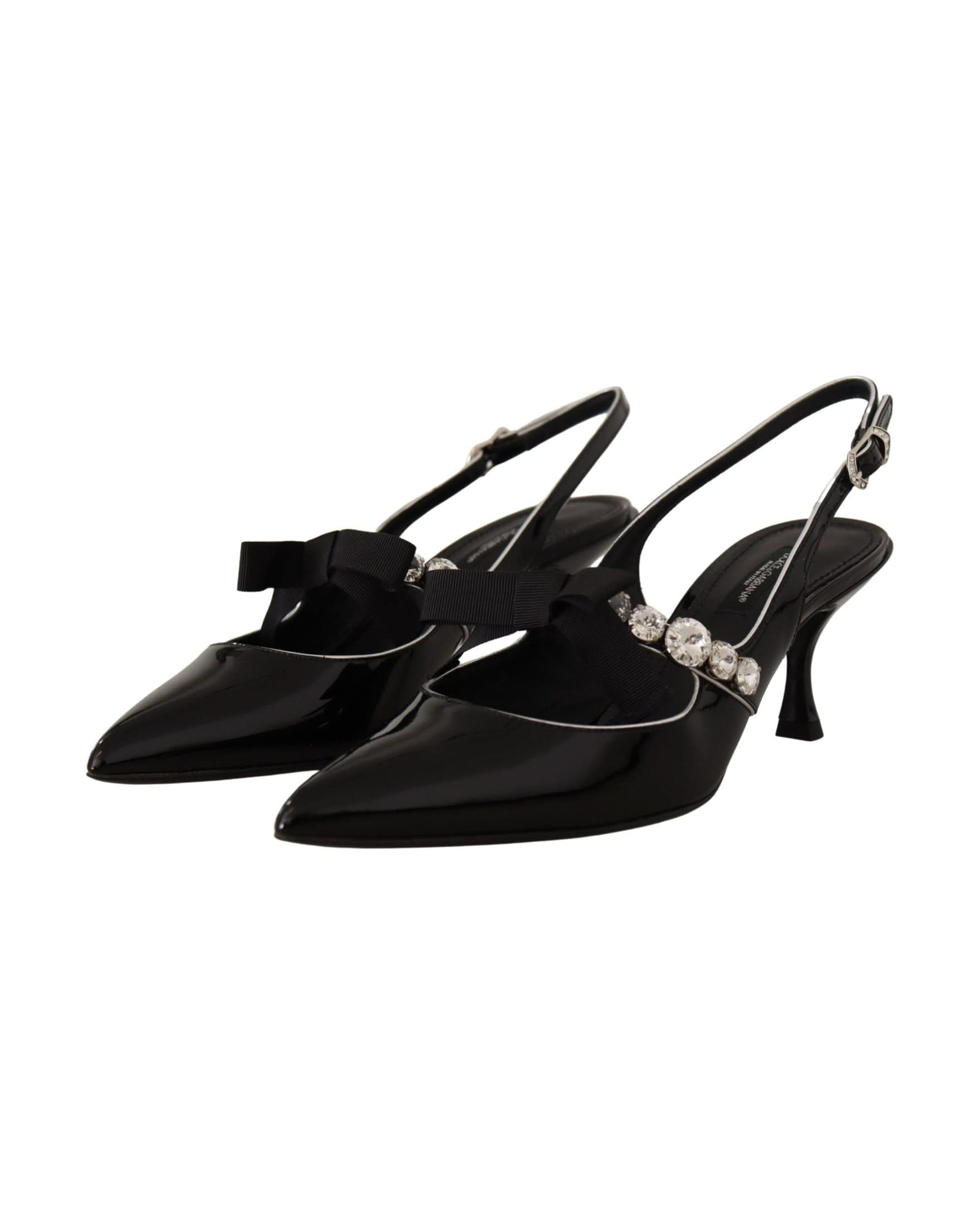 Dolce & Gabbana Black Leather Patent Crystal Slingbacks Shoes Heels
