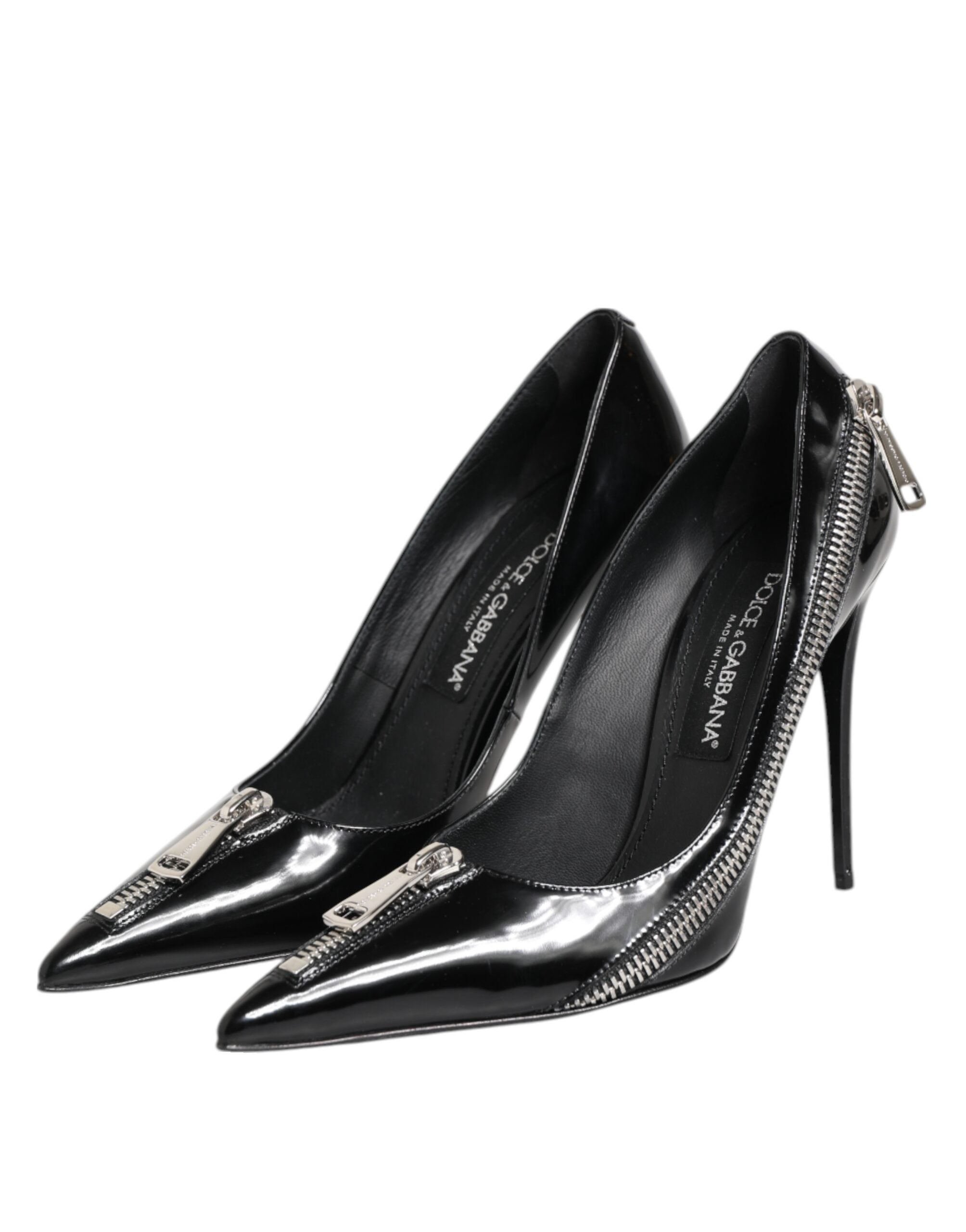Dolce & Gabbana Black Leather Patent Zipper Heels Pumps Shoes Glam Steals