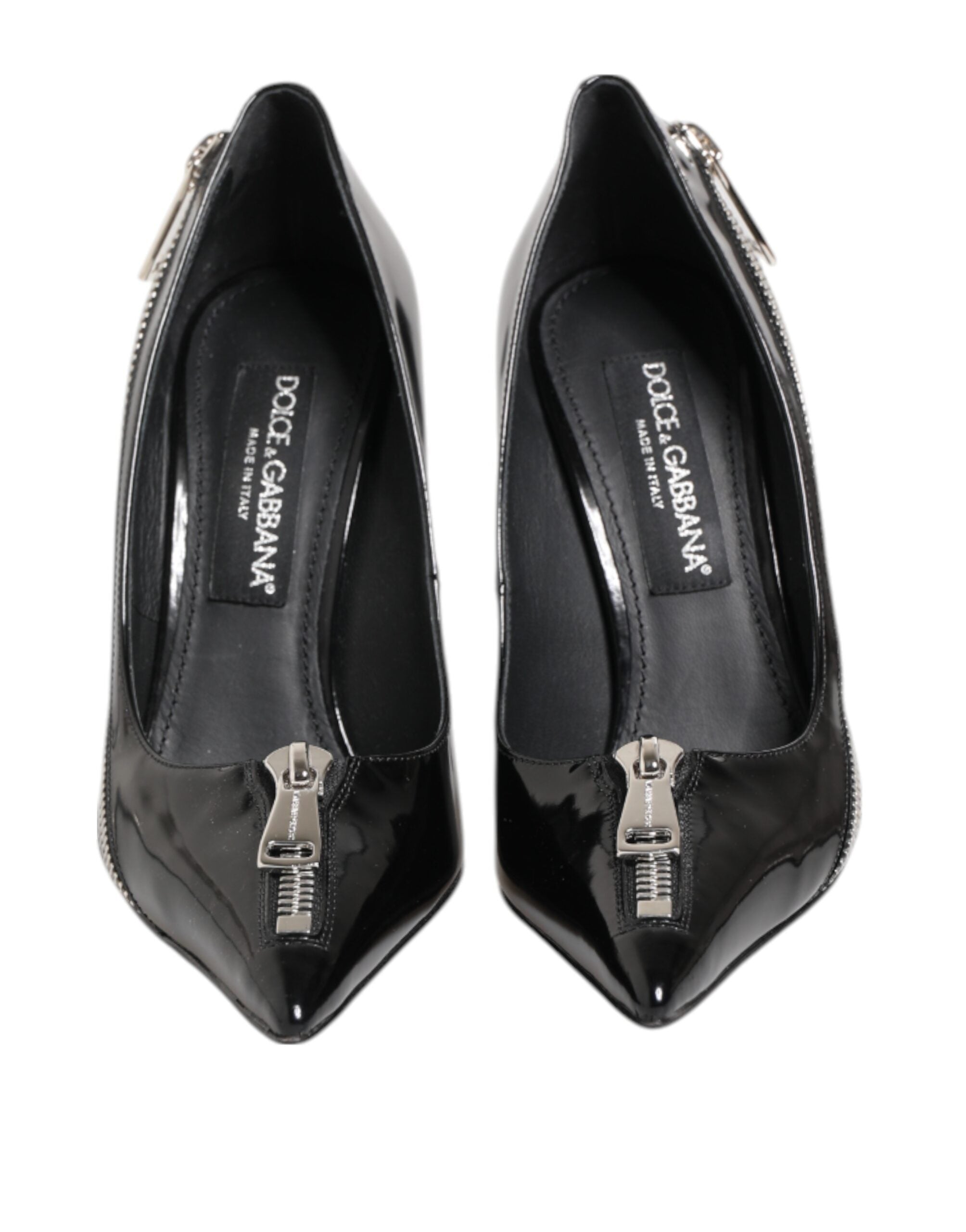 Dolce & Gabbana Black Leather Patent Zipper Heels Pumps Shoes Glam Steals