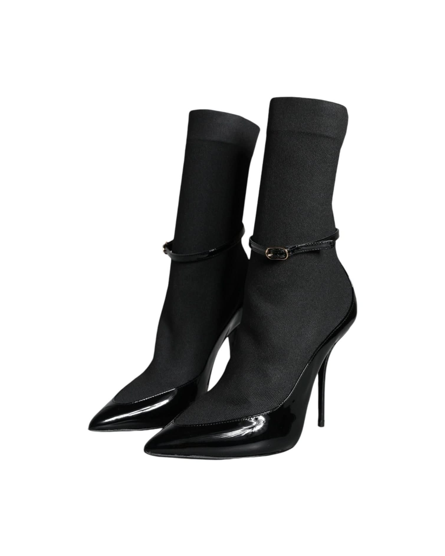 Dolce & Gabbana Black Leather Stilettos Booties Socks Shoes Boots