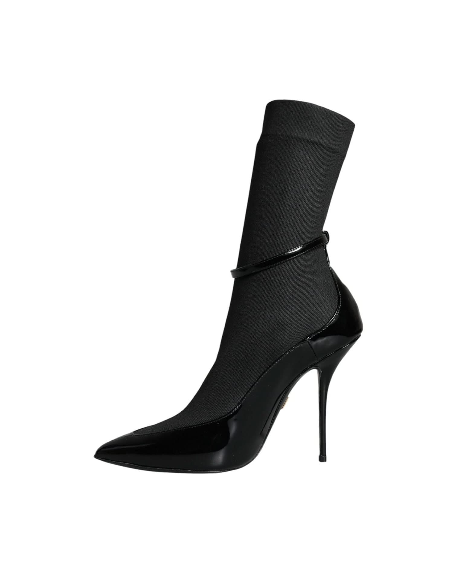 Dolce & Gabbana Black Leather Stilettos Booties Socks Shoes Boots
