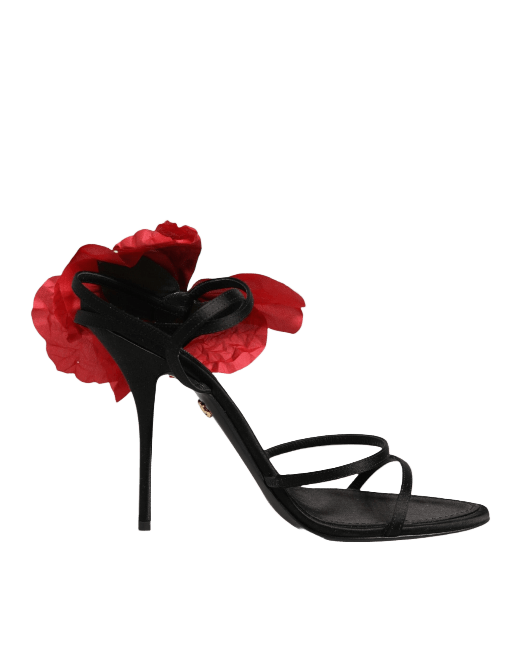 Dolce & Gabbana Black Leather Strappy Flower Heels Sandals Shoes Heels