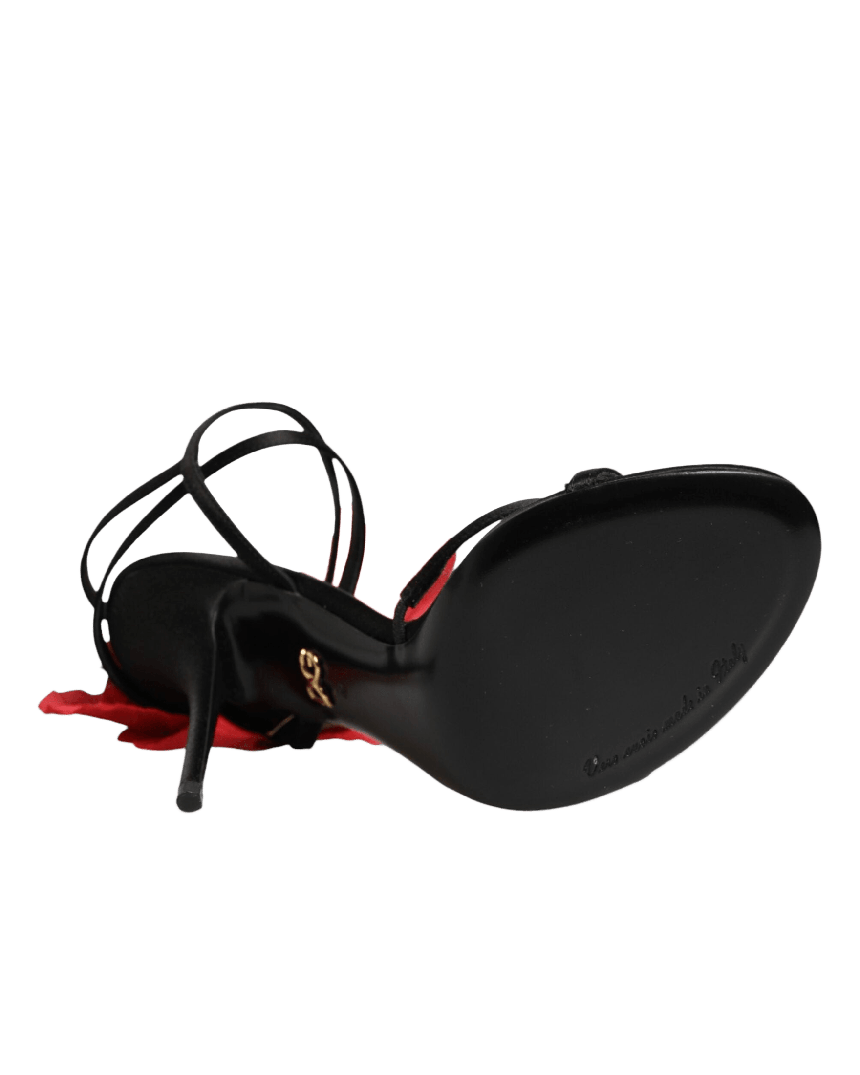 Dolce & Gabbana Black Leather Strappy Flower Heels Sandals Shoes Heels