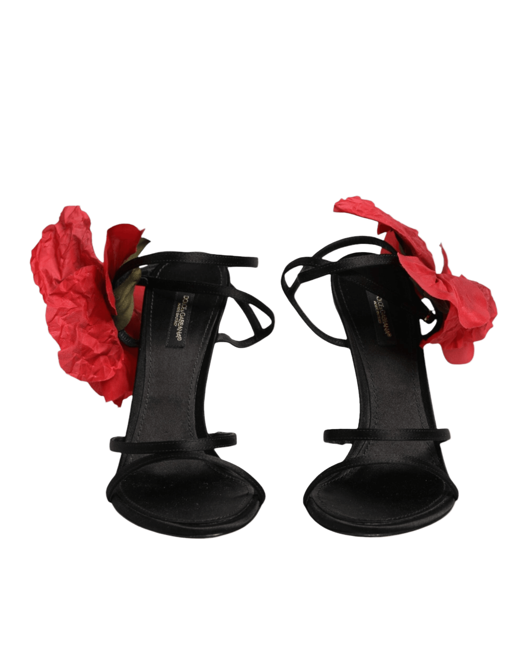 Dolce & Gabbana Black Leather Strappy Flower Heels Sandals Shoes Heels