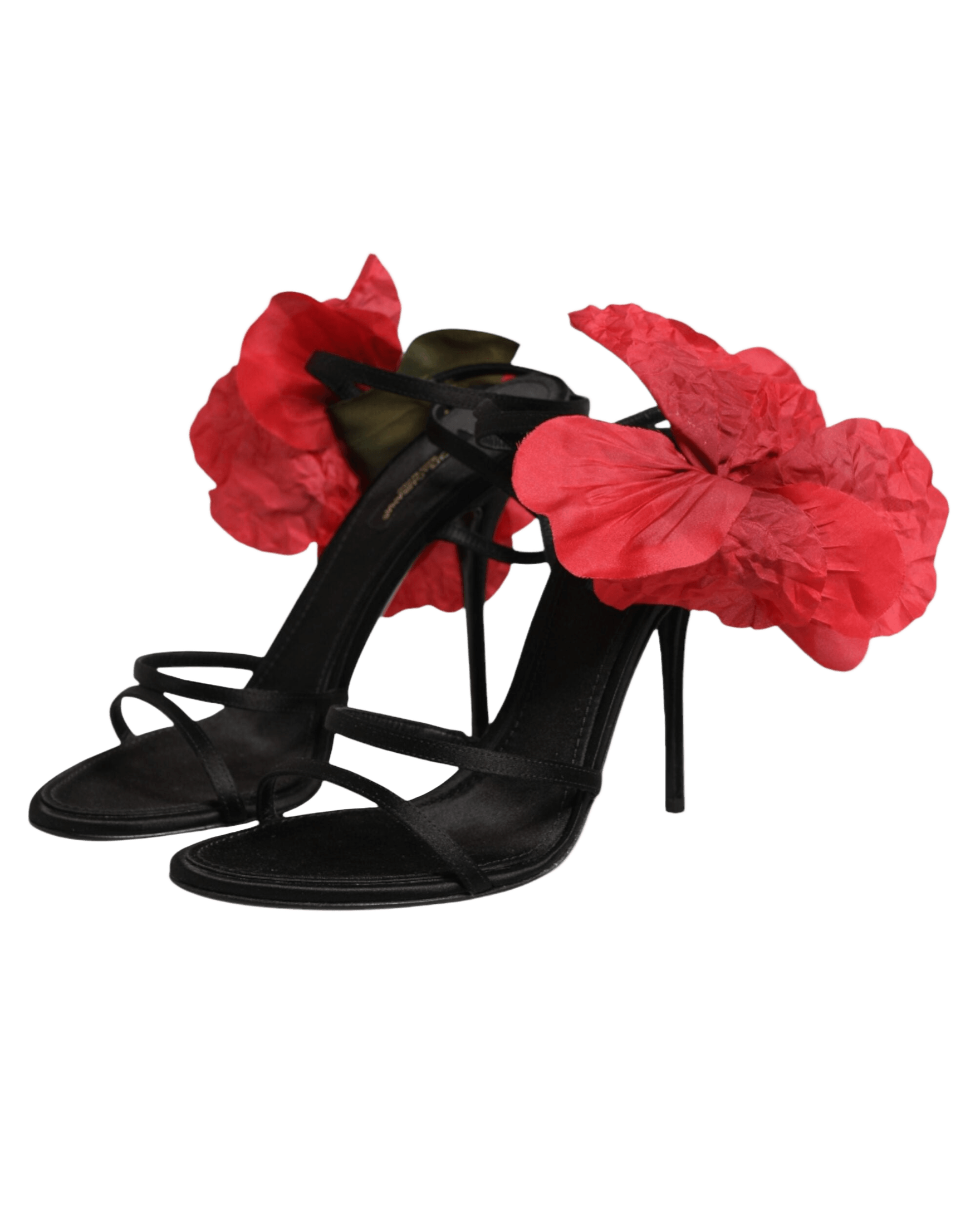 Dolce & Gabbana Black Leather Strappy Flower Heels Sandals Shoes Glam Steals