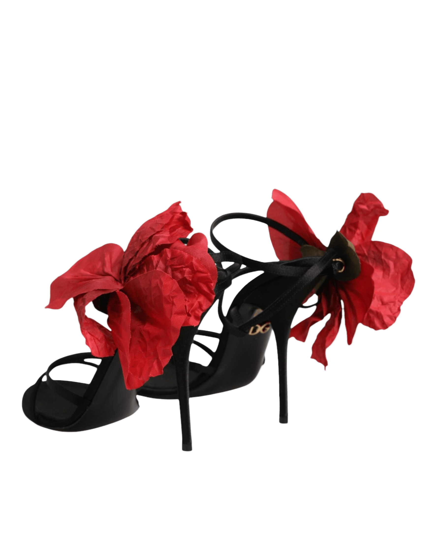 Dolce & Gabbana Black Leather Strappy Flower Heels Sandals Shoes Glam Steals