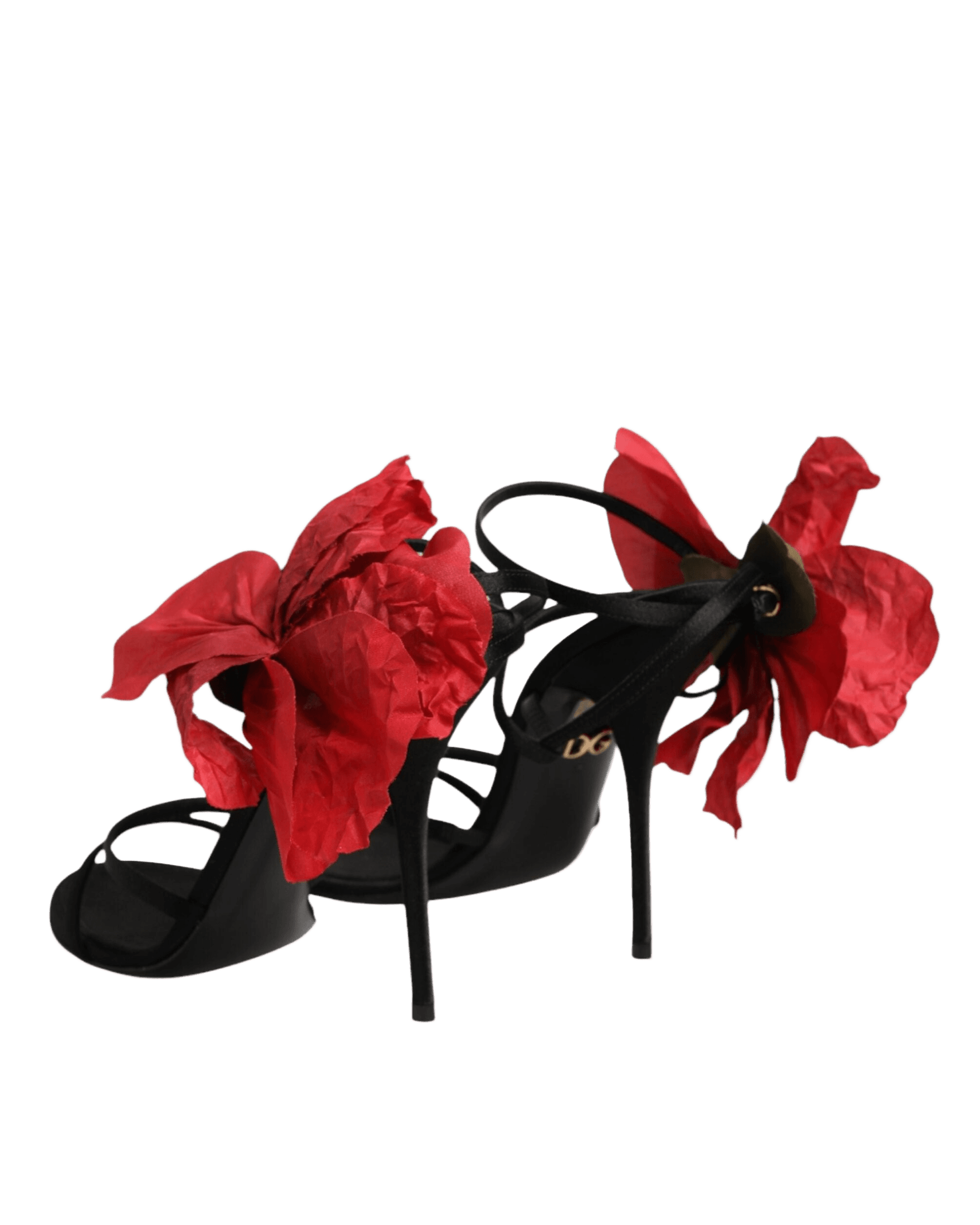 Dolce & Gabbana Black Leather Strappy Flower Heels Sandals Shoes Heels
