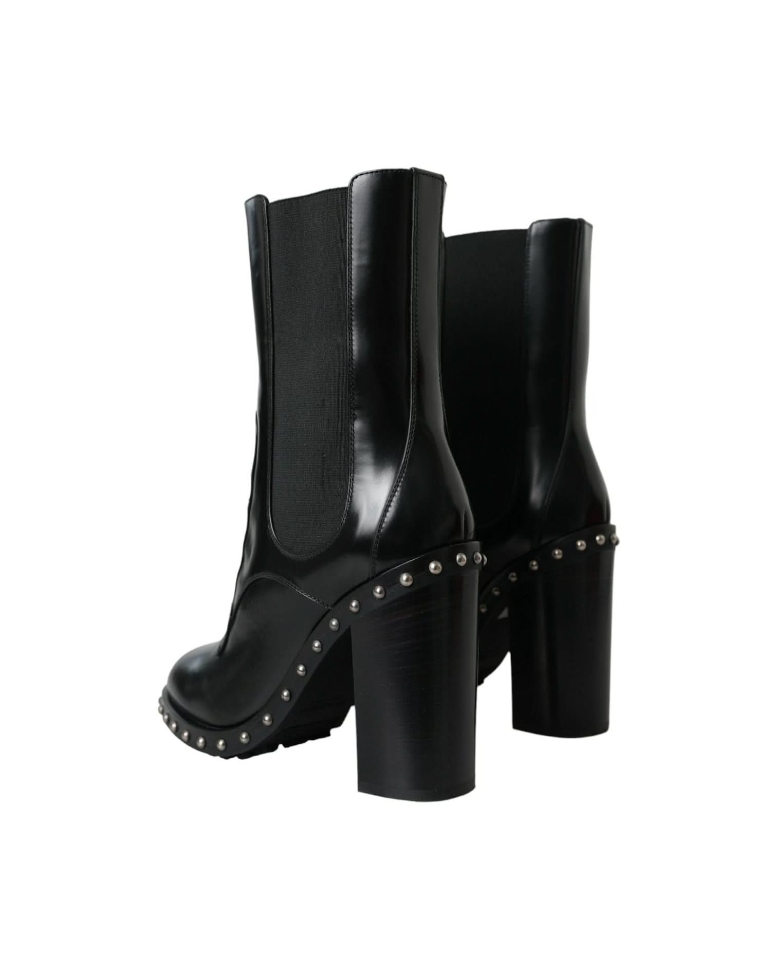 Dolce & Gabbana Black Leather Studded Lace Up Boots Shoes Boots